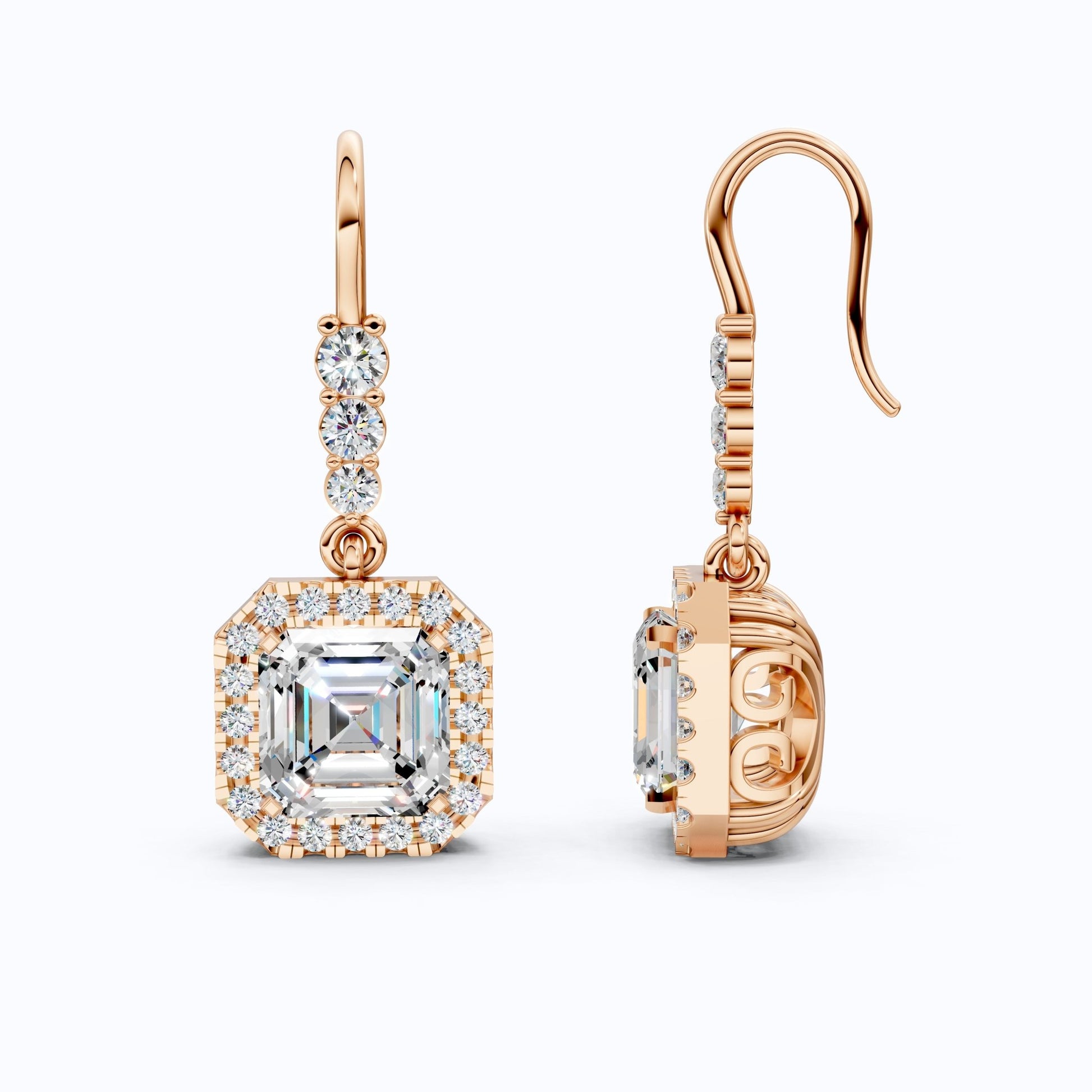 Asscher Halo Filigree Dangle with Round Accents Earrings in Lab Diamond 14k Solid Gold, Wedding Gift for Her - Shoora Designs