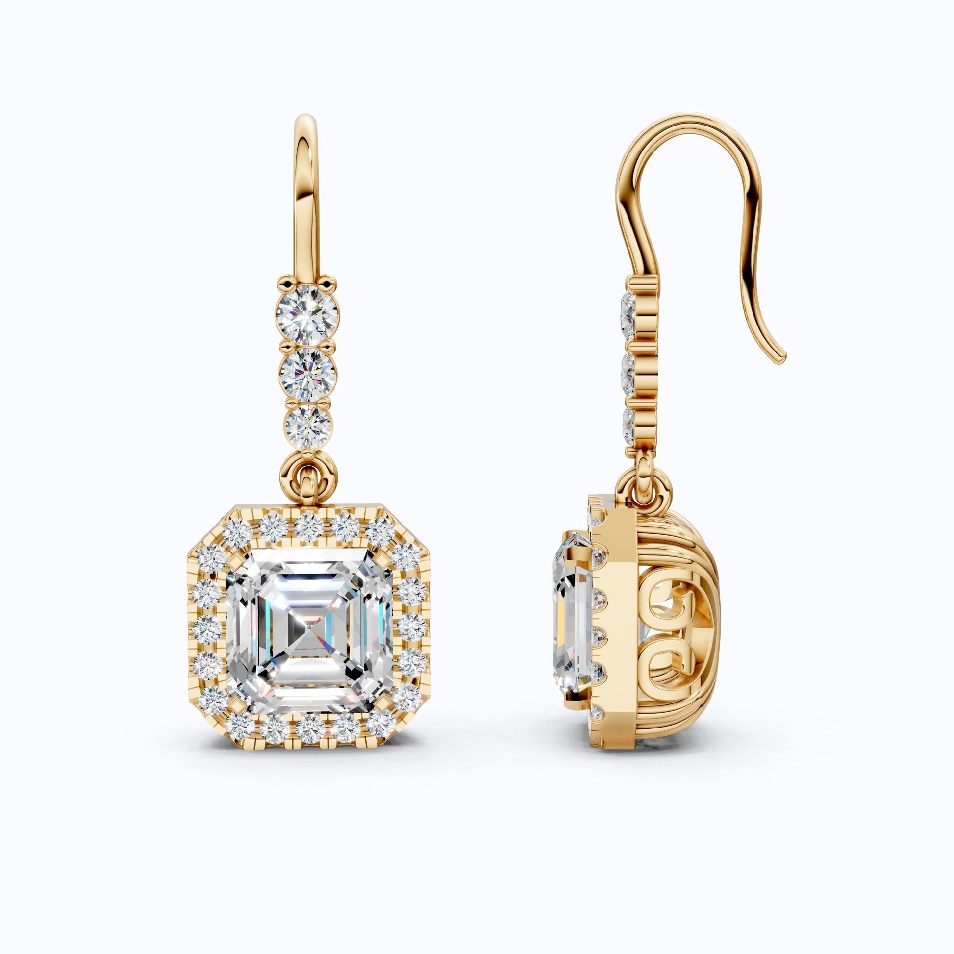 Asscher Halo Filigree Dangle with Round Accents Earrings in Lab Diamond 14k Solid Gold, Wedding Gift for Her - Shoora Designs