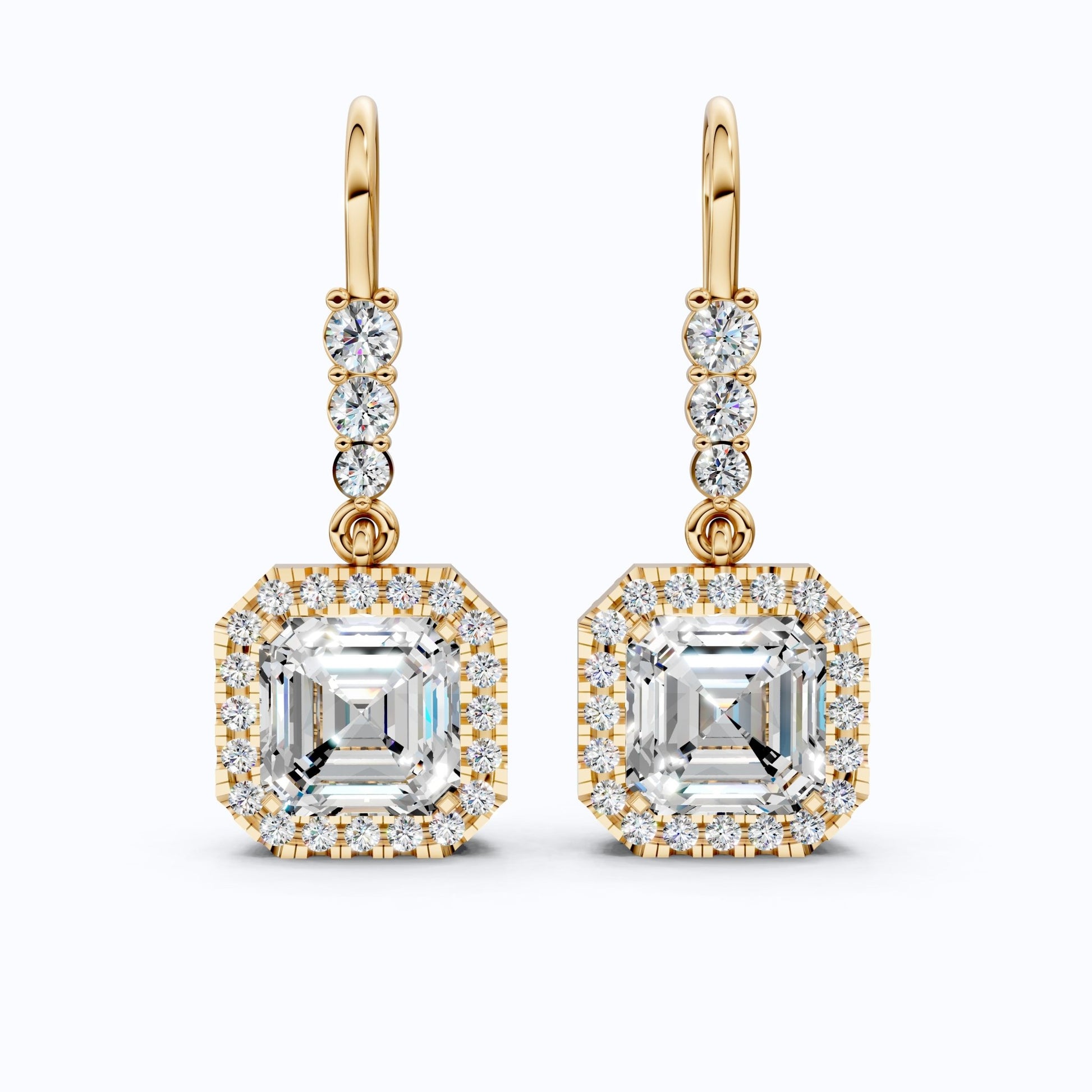 Asscher Halo Filigree Dangle with Round Accents Earrings in Lab Diamond 14k Solid Gold, Wedding Gift for Her - Shoora Designs