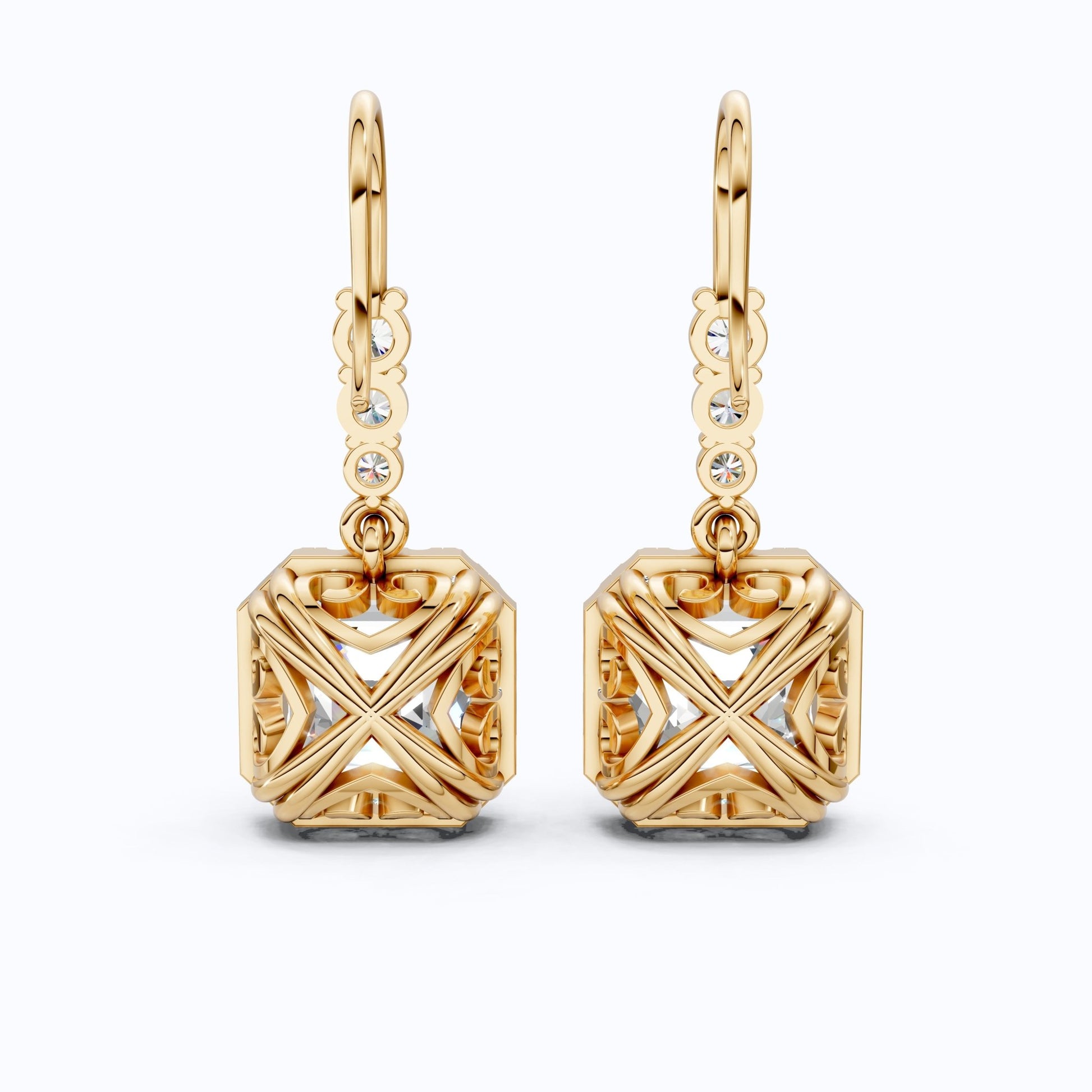 Asscher Halo Filigree Dangle with Round Accents Earrings in Lab Diamond 14k Solid Gold, Wedding Gift for Her - Shoora Designs