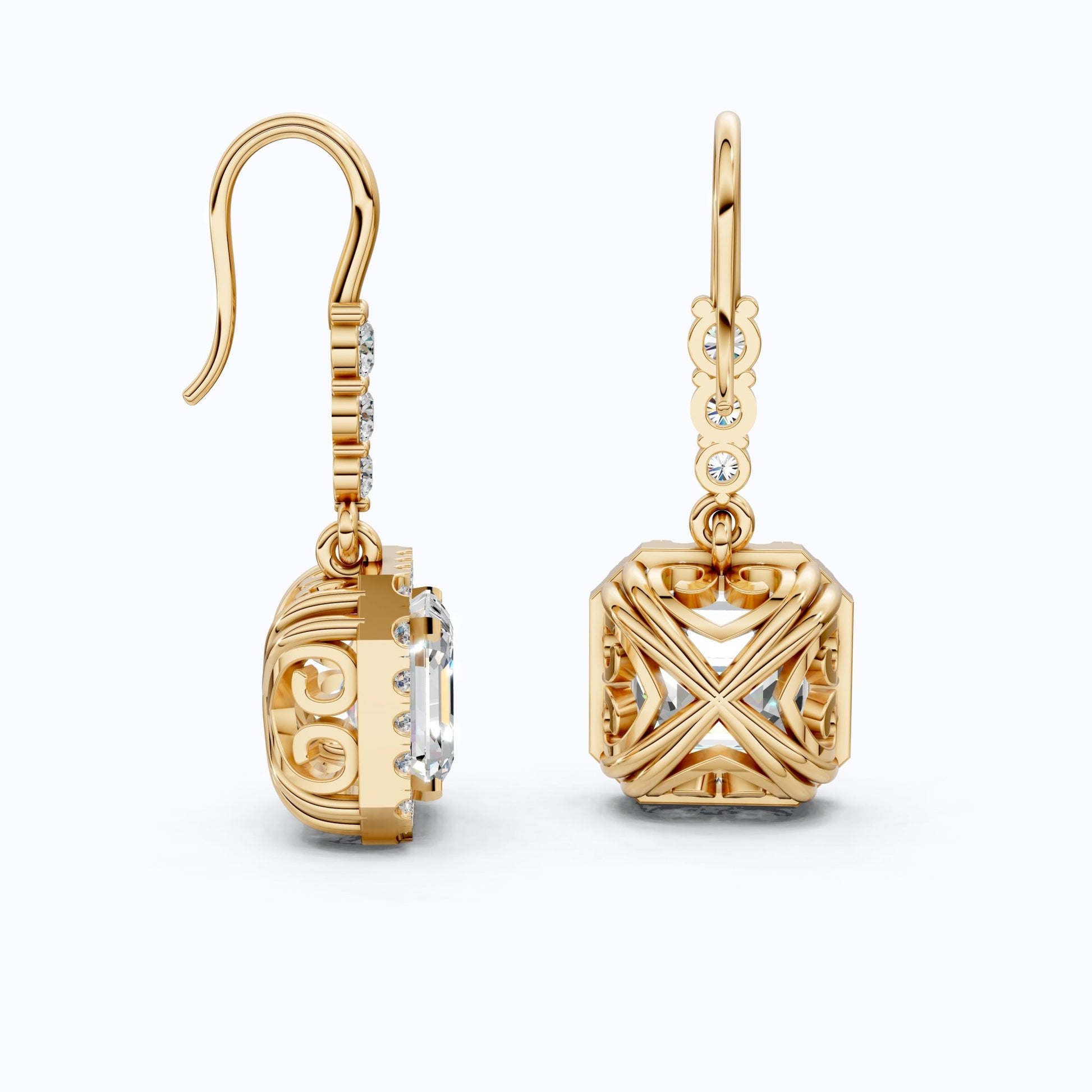 Asscher Halo Filigree Dangle with Round Accents Earrings in Lab Diamond 14k Solid Gold, Wedding Gift for Her - Shoora Designs