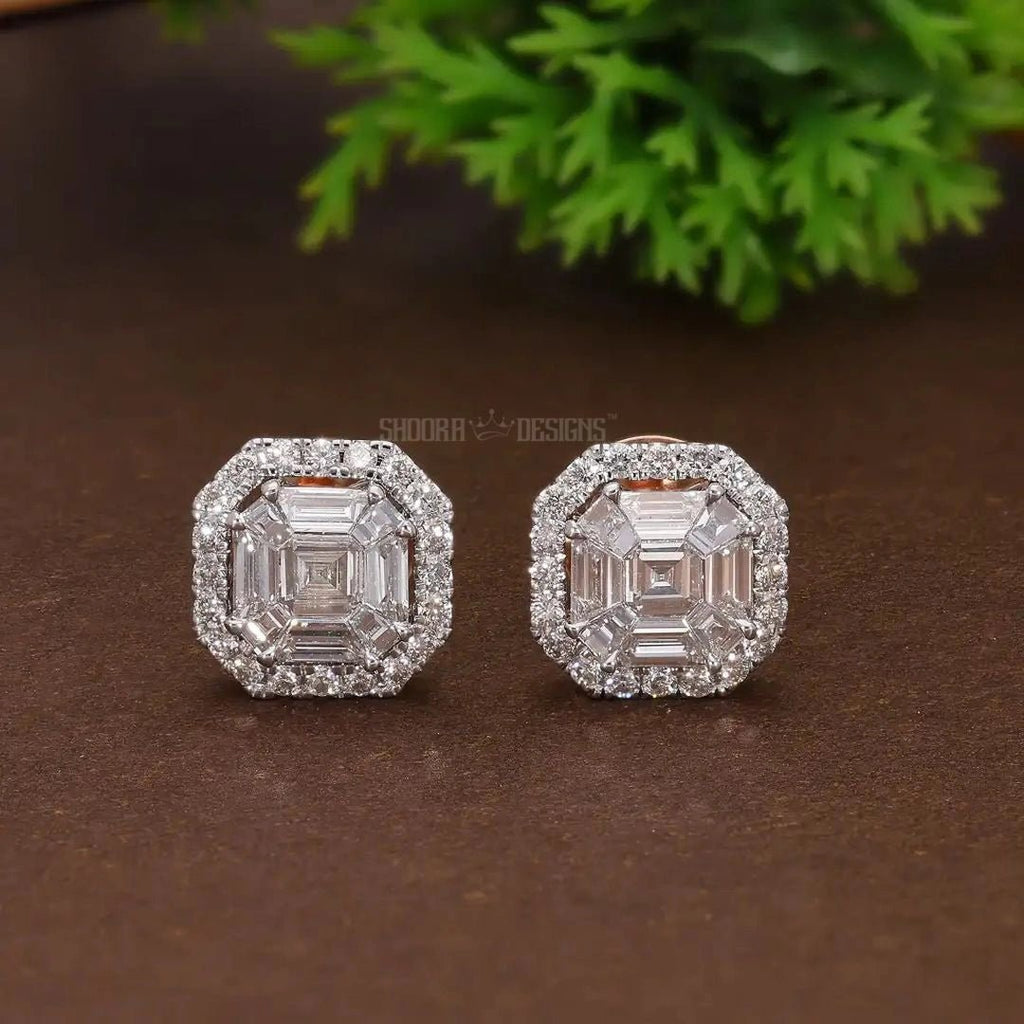 Asscher Illusion Halo Stud Earrings in Natural Diamond – 14k Solid Gold, Elegant Pie - Cut Earrings, Luxury Gift for Her - Shoora Designs