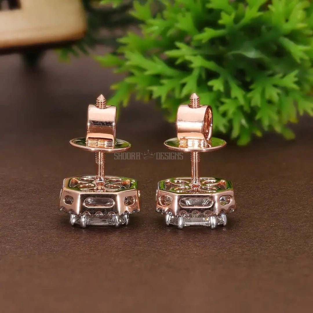 Asscher Illusion Halo Stud Earrings in Natural Diamond – 14k Solid Gold, Elegant Pie - Cut Earrings, Luxury Gift for Her - Shoora Designs