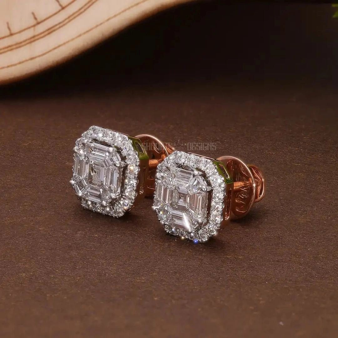 Asscher Illusion Halo Stud Earrings in Natural Diamond – 14k Solid Gold, Elegant Pie - Cut Earrings, Luxury Gift for Her - Shoora Designs