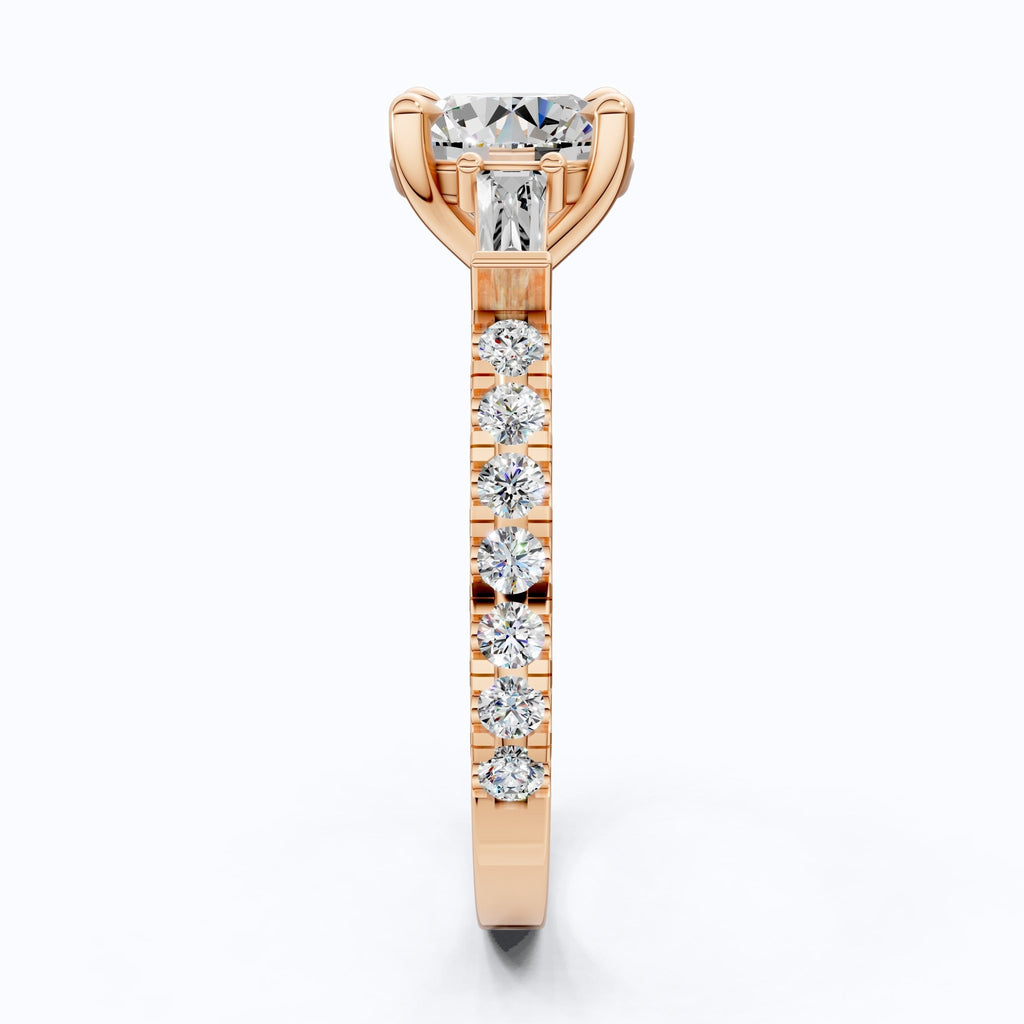 Baguette Accent Three - Stone Engagement Ring in 14K Solid Gold, 1.50 CT Round Cut Lab Grown Diamond, Elegant Jewelry, Anniversary Gift For Her - Shoora Designs