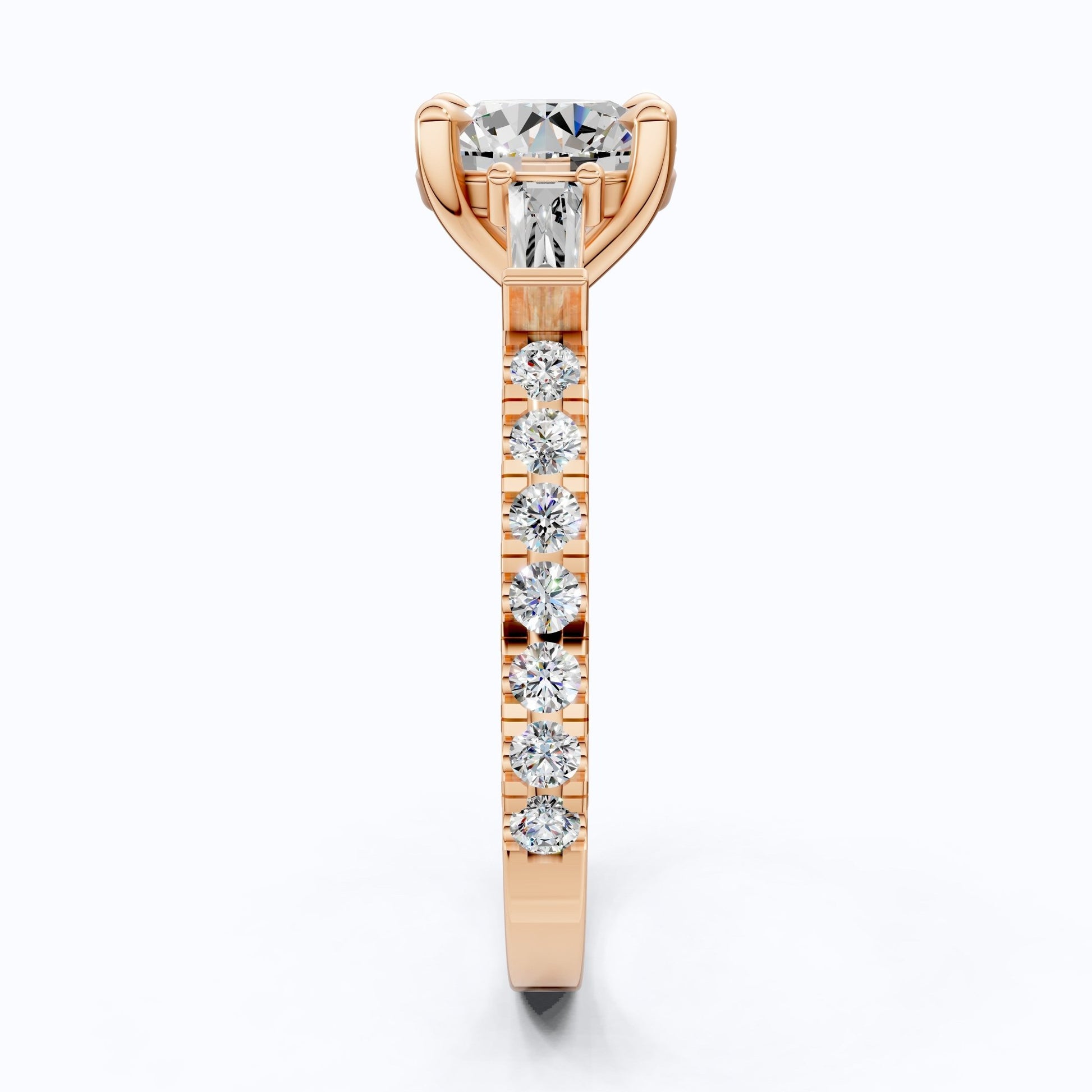 Baguette Accent Three - Stone Engagement Ring in 14K Solid Gold, 1.50 CT Round Cut Lab Grown Diamond, Elegant Jewelry, Anniversary Gift For Her - Shoora Designs