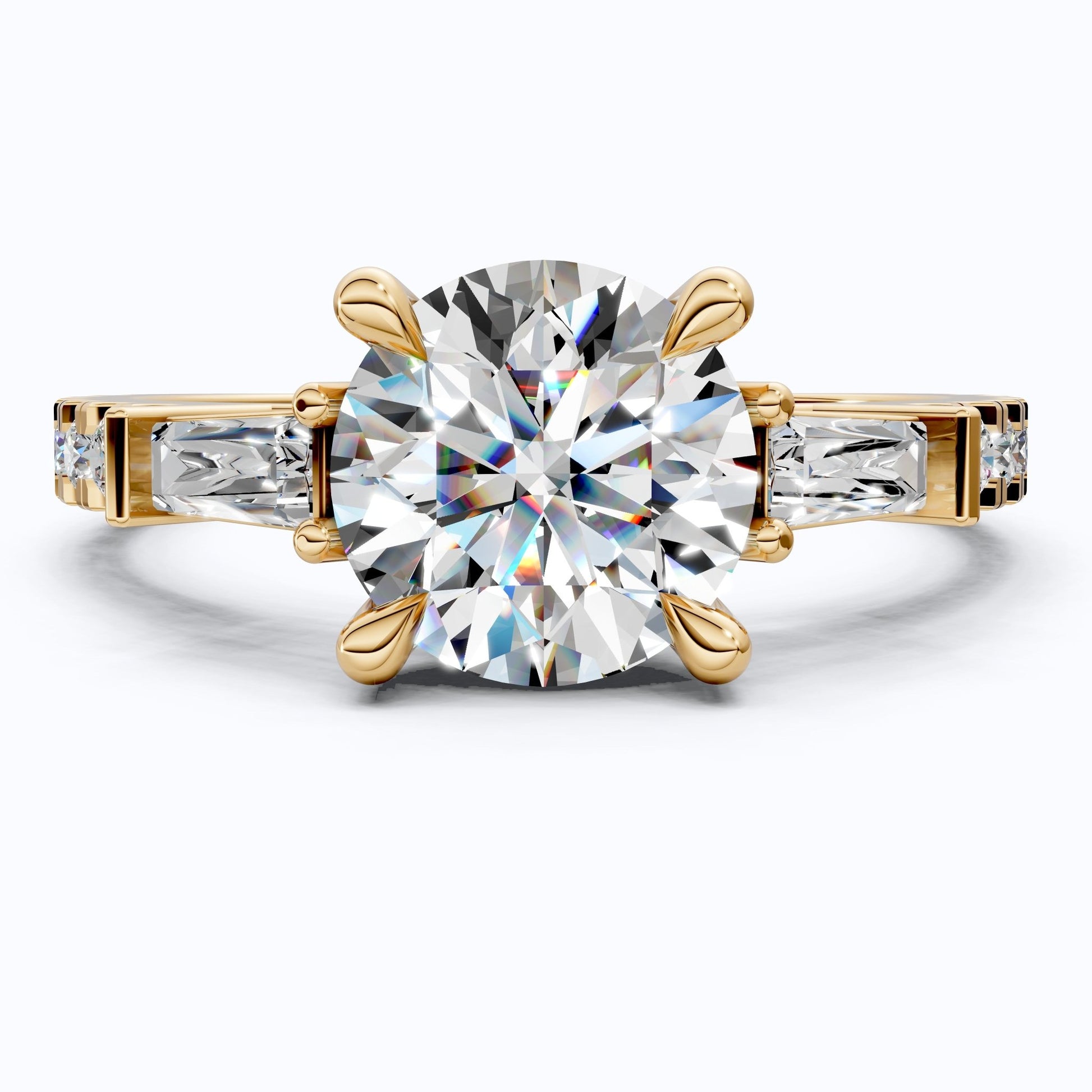 Baguette Accent Three - Stone Engagement Ring in 14K Solid Gold, 1.50 CT Round Cut Lab Grown Diamond, Elegant Jewelry, Anniversary Gift For Her - Shoora Designs