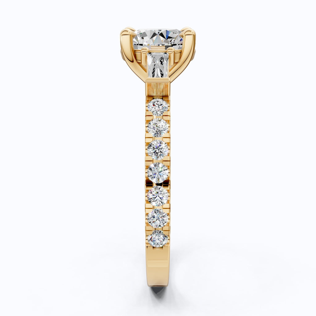 Baguette Accent Three - Stone Engagement Ring in 14K Solid Gold, 1.50 CT Round Cut Lab Grown Diamond, Elegant Jewelry, Anniversary Gift For Her - Shoora Designs