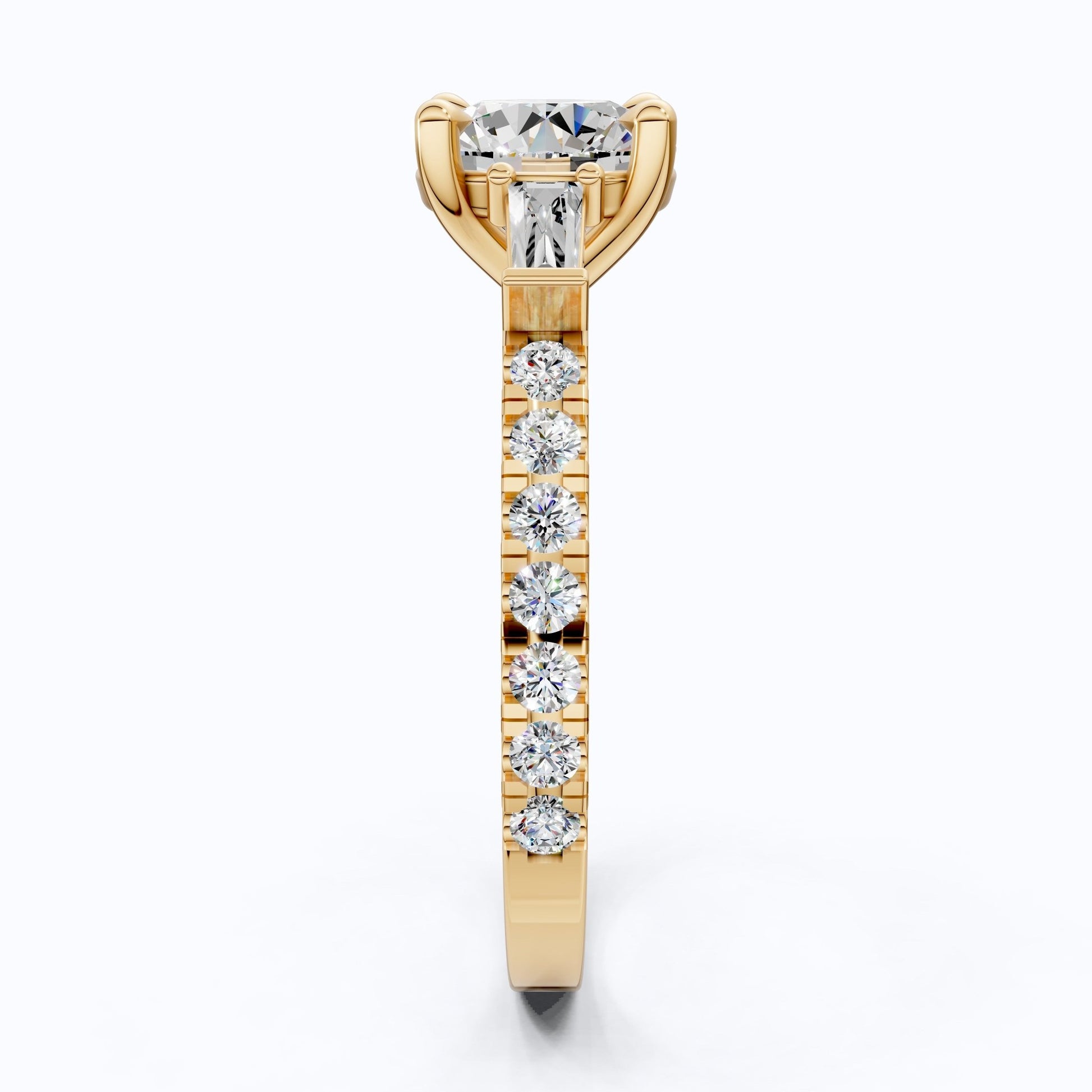 Baguette Accent Three - Stone Engagement Ring in 14K Solid Gold, 1.50 CT Round Cut Lab Grown Diamond, Elegant Jewelry, Anniversary Gift For Her - Shoora Designs