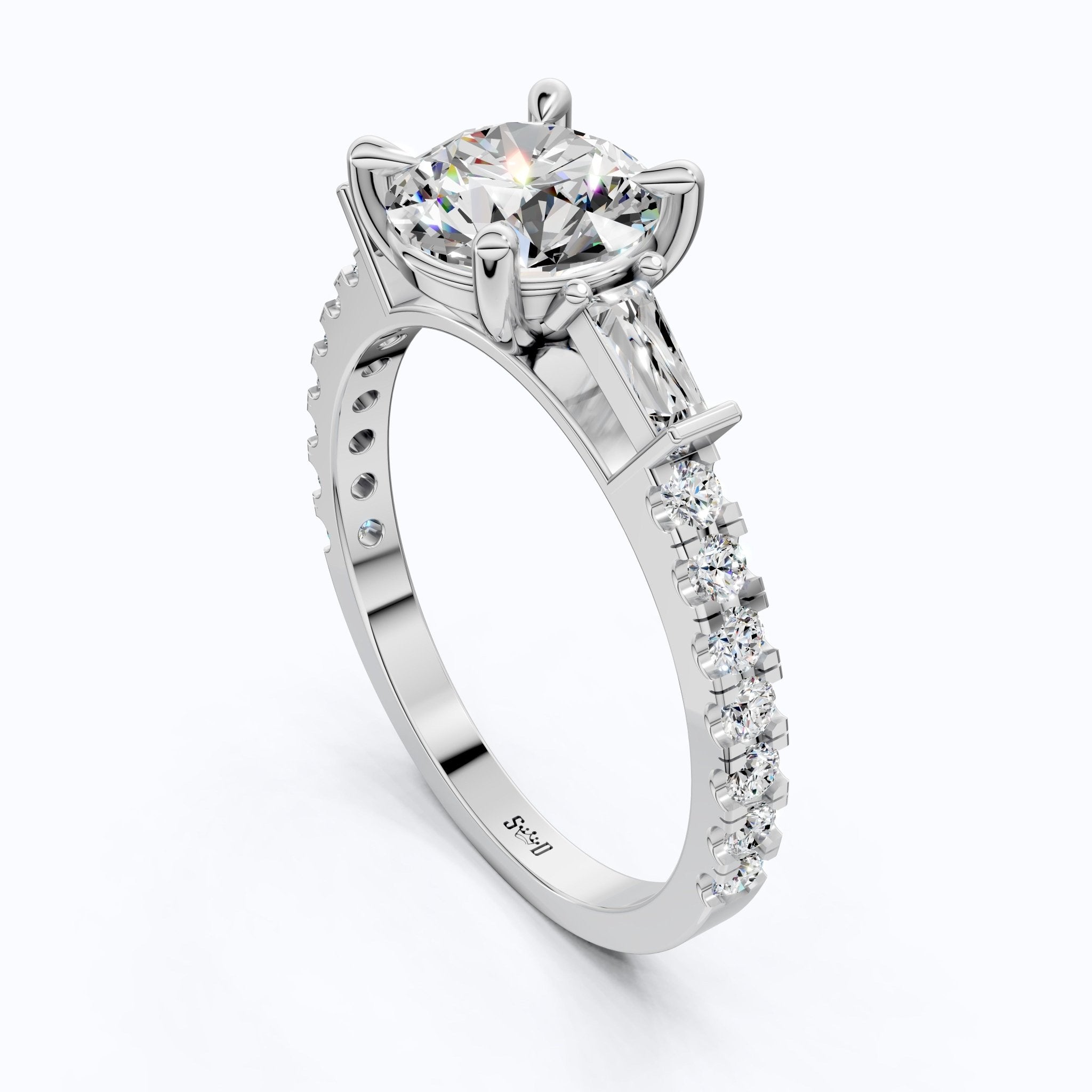 Baguette Accent Three - Stone Engagement Ring in 14K Solid Gold, 1.50 CT Round Cut Lab Grown Diamond, Elegant Jewelry, Anniversary Gift For Her - Shoora Designs