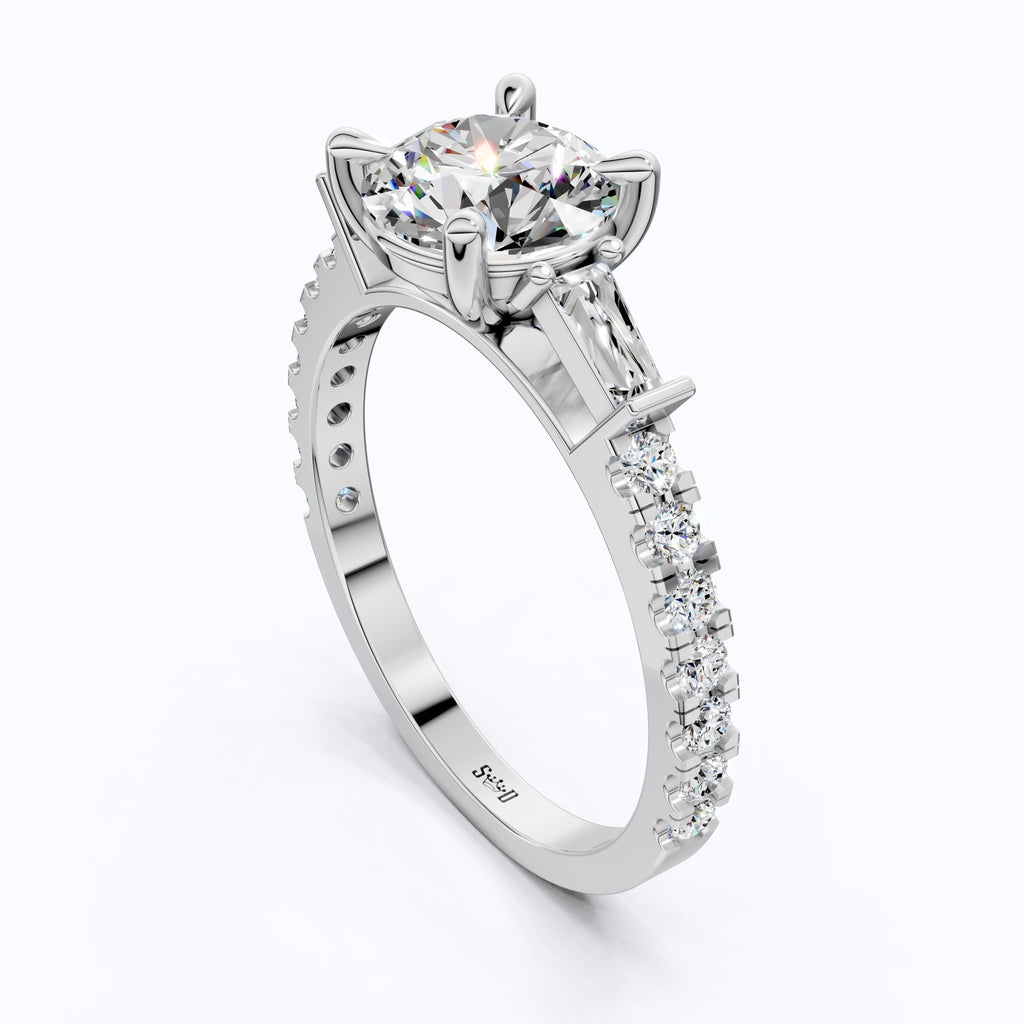 Baguette Accent Three - Stone Engagement Ring in 14K Solid Gold, 1.50 CT Round Cut Lab Grown Diamond, Elegant Jewelry, Anniversary Gift For Her - Shoora Designs