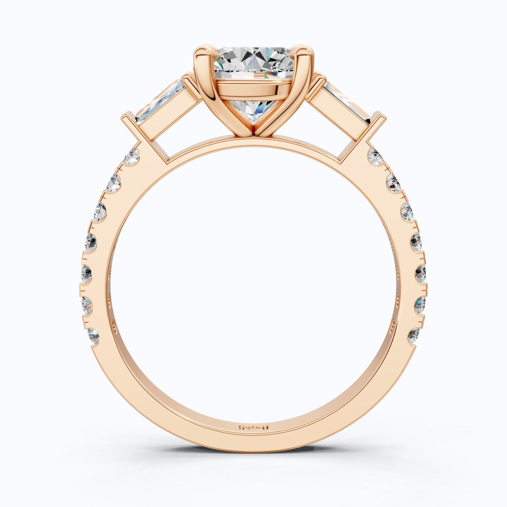 Baguette Accent Three - Stone Engagement Ring in 14K Solid Gold, 1.50 CT Round Cut Lab Grown Diamond, Elegant Jewelry, Anniversary Gift For Her - Shoora Designs