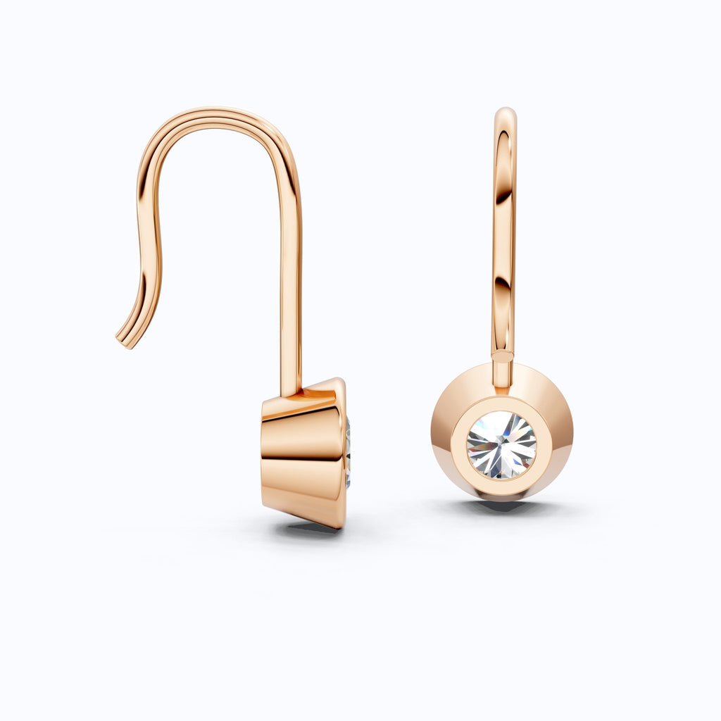 Bezel - Set Round Solitaire Drop Wedding Earrings in 14k Solid Gold, Everyday Bridal Jewelry, Antique Gift for Her - Shoora Designs