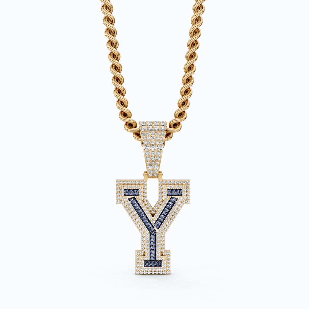 Blue Baguette "Y" Initial Iced - Out Hip - Hop Pendant in Lab Diamond – 14k Solid Gold, Birthday Gift for Him - Shoora Designs
