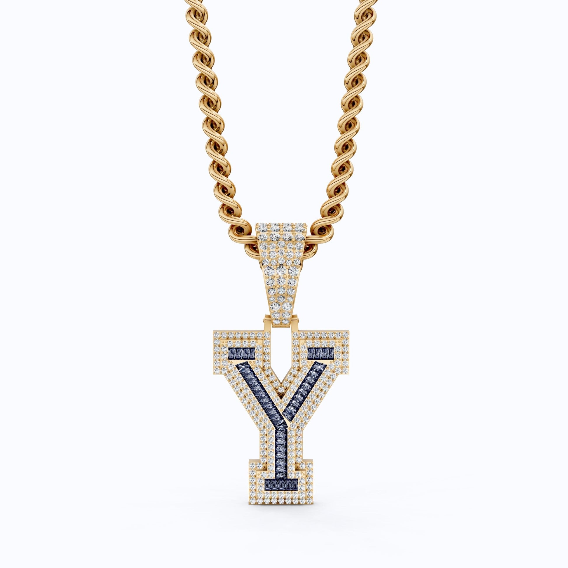 Blue Baguette "Y" Initial Iced - Out Hip - Hop Pendant in Lab Diamond – 14k Solid Gold, Birthday Gift for Him - Shoora Designs