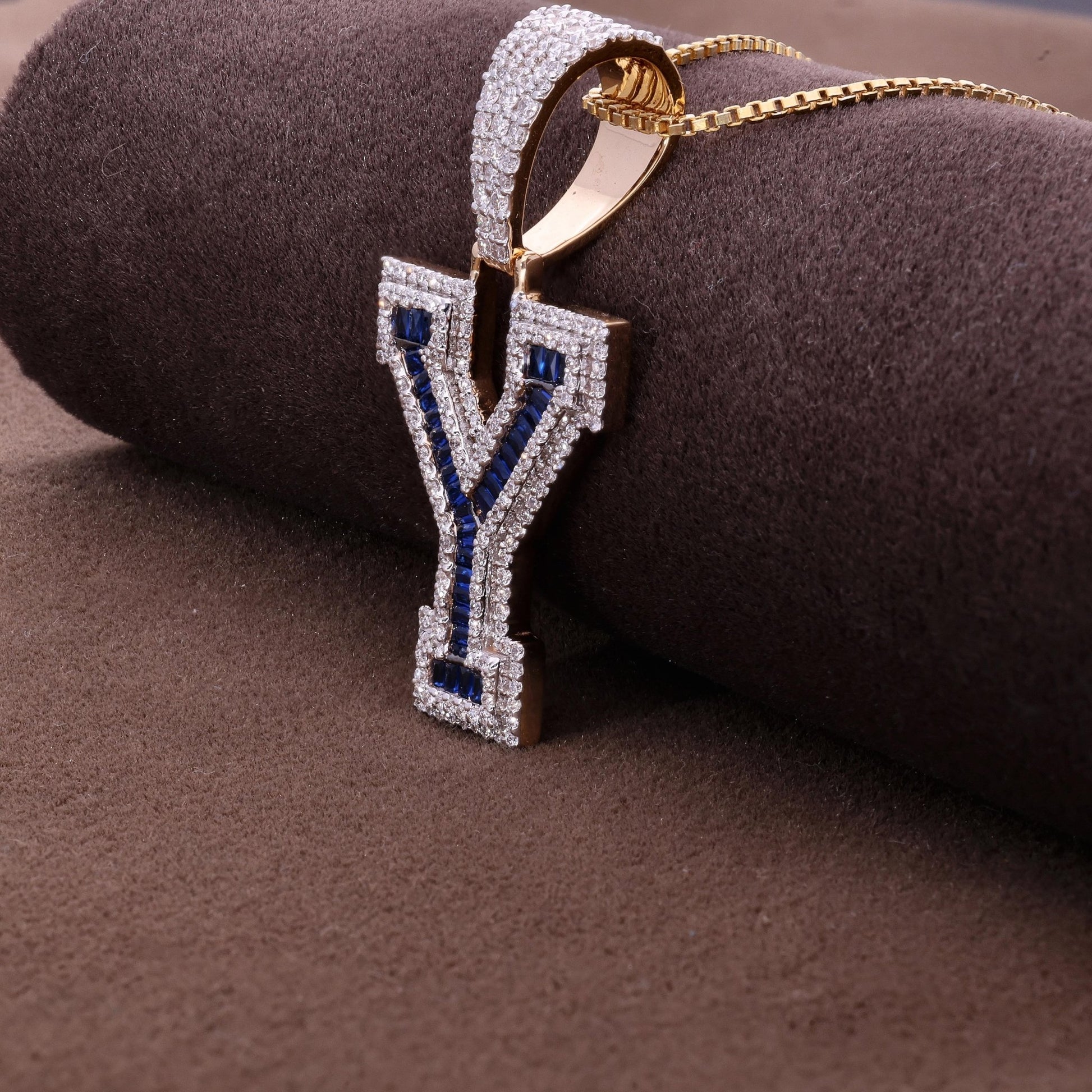 Blue Baguette "Y" Initial Iced - Out Hip - Hop Pendant in Lab Diamond – 14k Solid Gold, Birthday Gift for Him - Shoora Designs