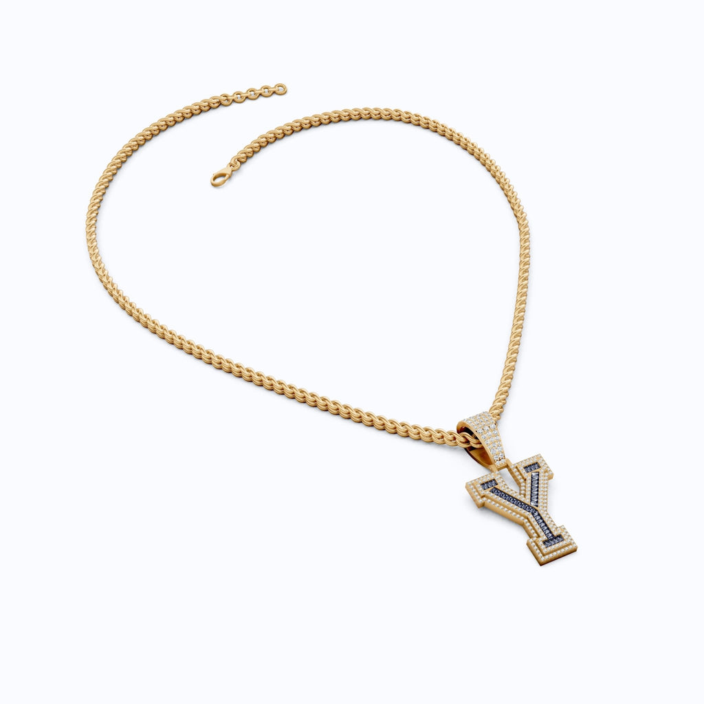 Blue Baguette "Y" Initial Iced - Out Hip - Hop Pendant in Lab Diamond – 14k Solid Gold, Birthday Gift for Him - Shoora Designs