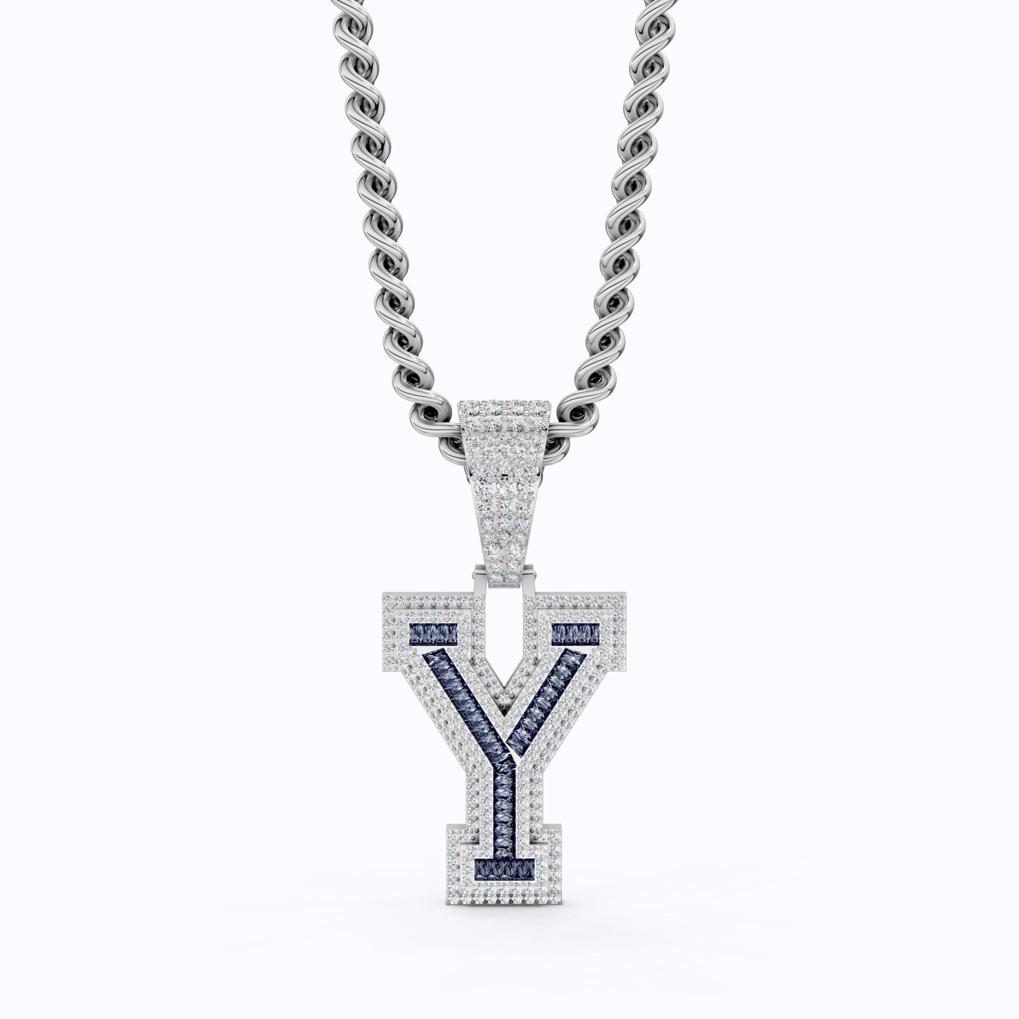 Blue Baguette "Y" Initial Iced - Out Hip - Hop Pendant in Lab Diamond – 14k Solid Gold, Birthday Gift for Him - Shoora Designs