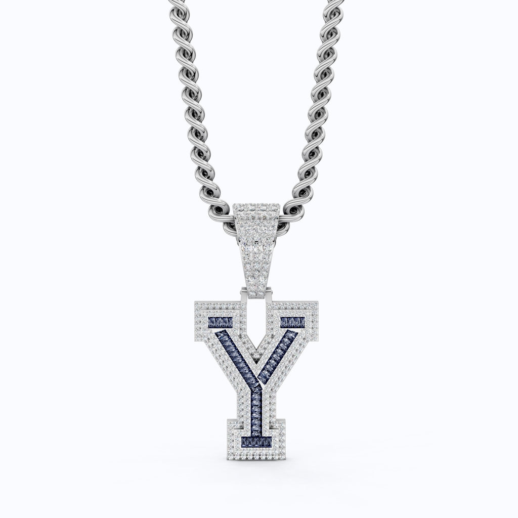 Blue Baguette "Y" Initial Iced - Out Hip - Hop Pendant in Lab Diamond – 14k Solid Gold, Birthday Gift for Him - Shoora Designs