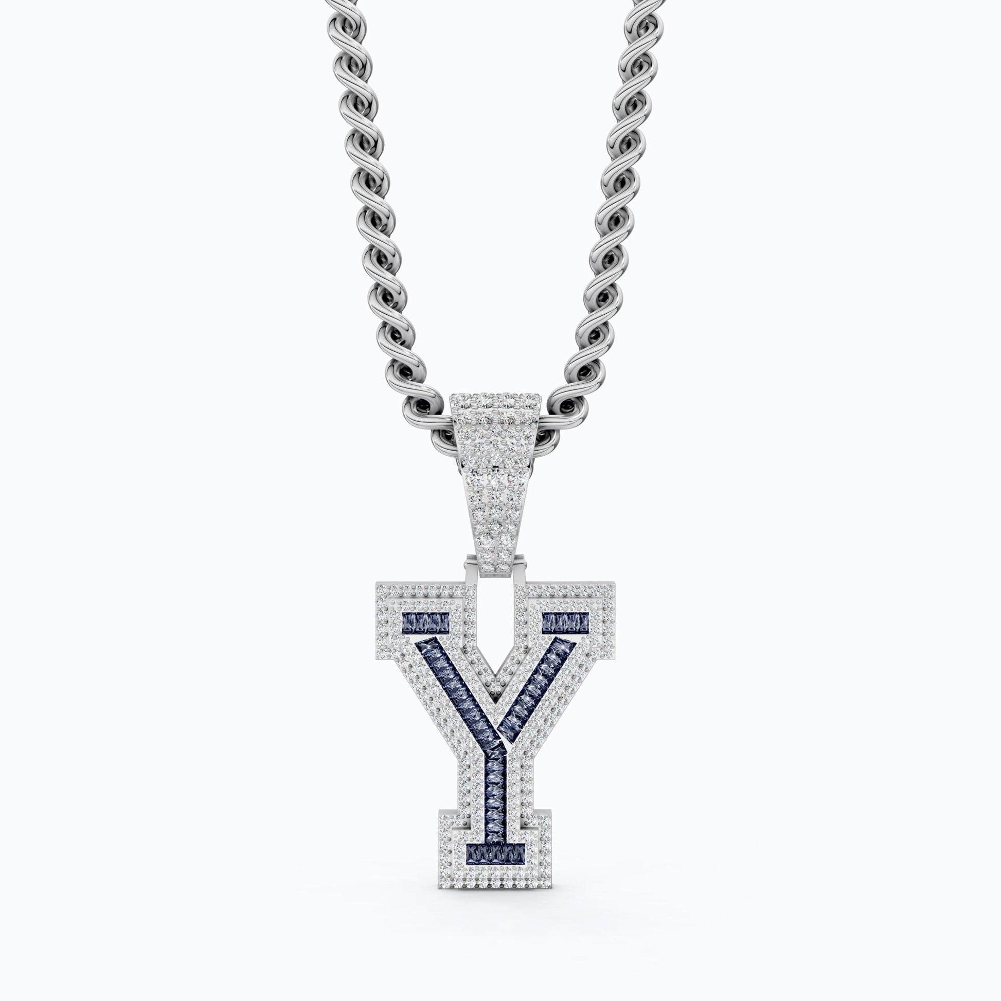 Blue Baguette "Y" Initial Iced - Out Hip - Hop Pendant in Lab Diamond – 14k Solid Gold, Birthday Gift for Him - Shoora Designs