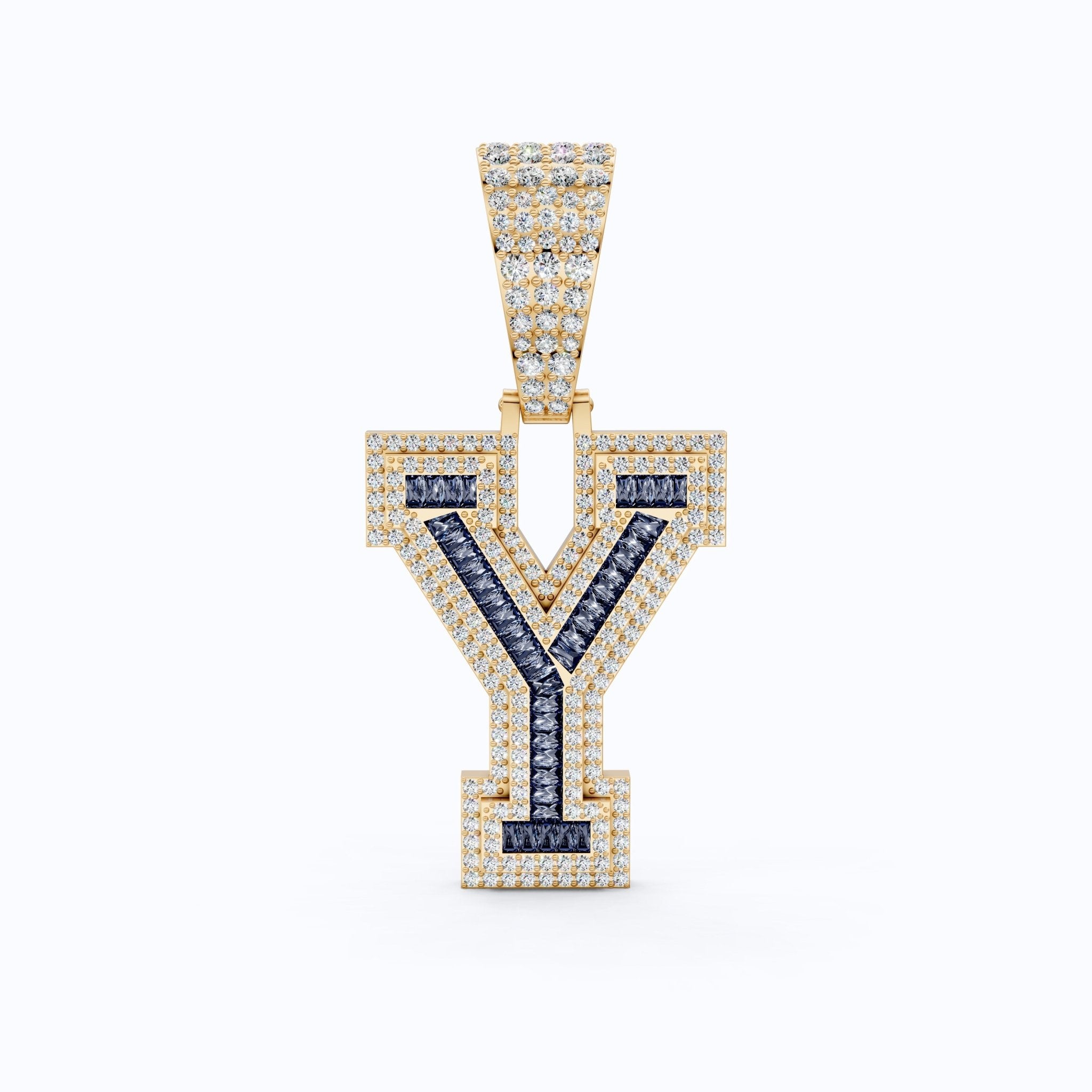 Blue Baguette "Y" Initial Iced - Out Hip - Hop Pendant in Lab Diamond – 14k Solid Gold, Birthday Gift for Him - Shoora Designs