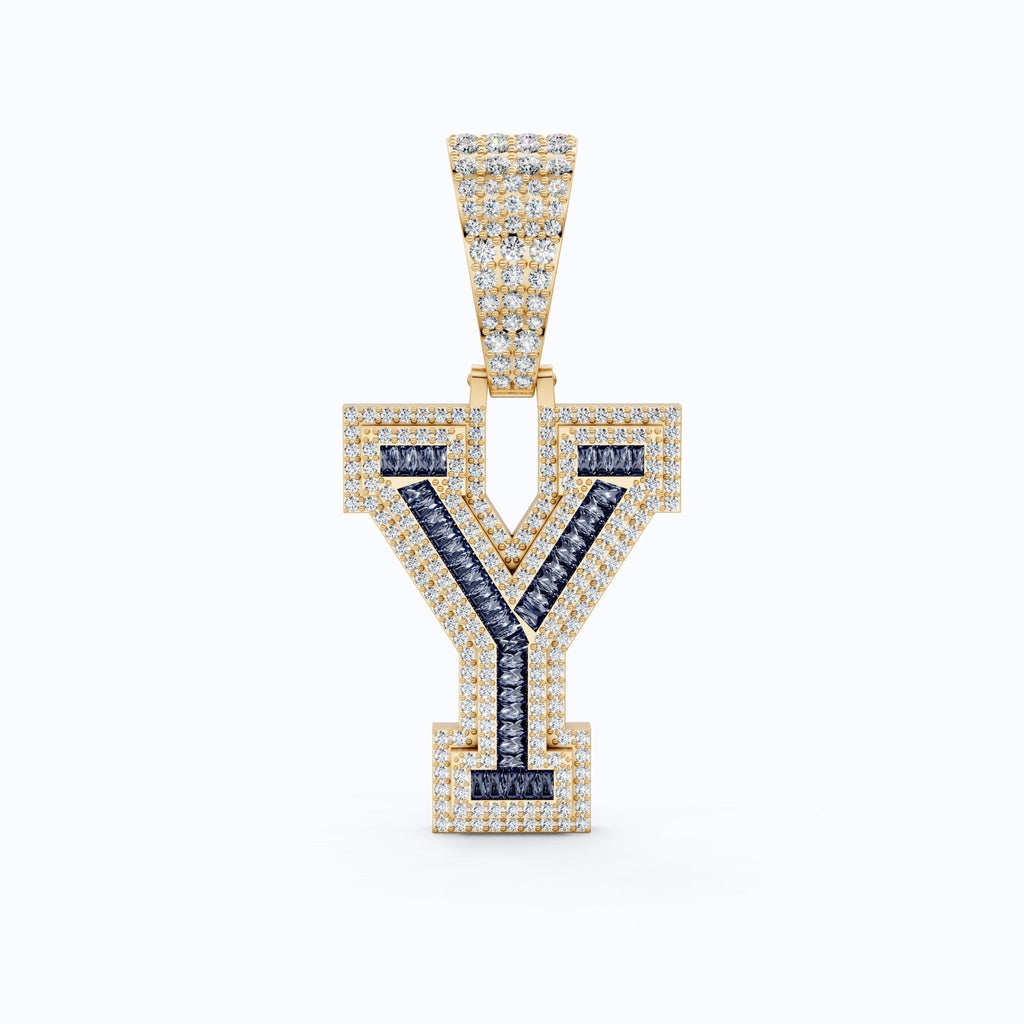 Blue Baguette "Y" Initial Iced - Out Hip - Hop Pendant in Lab Diamond – 14k Solid Gold, Birthday Gift for Him - Shoora Designs