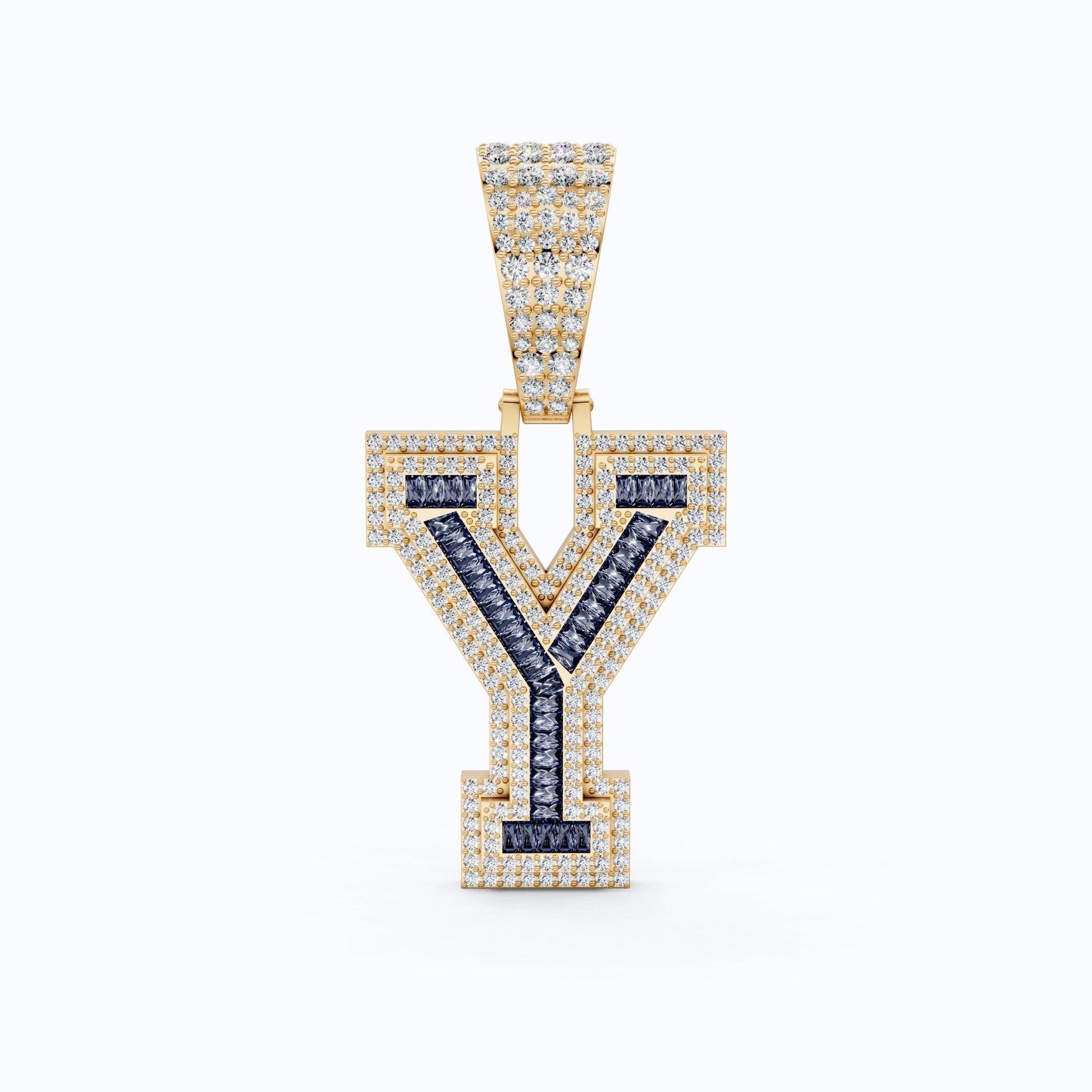 Blue Baguette "Y" Initial Iced - Out Hip - Hop Pendant in Lab Diamond – 14k Solid Gold, Birthday Gift for Him - Shoora Designs