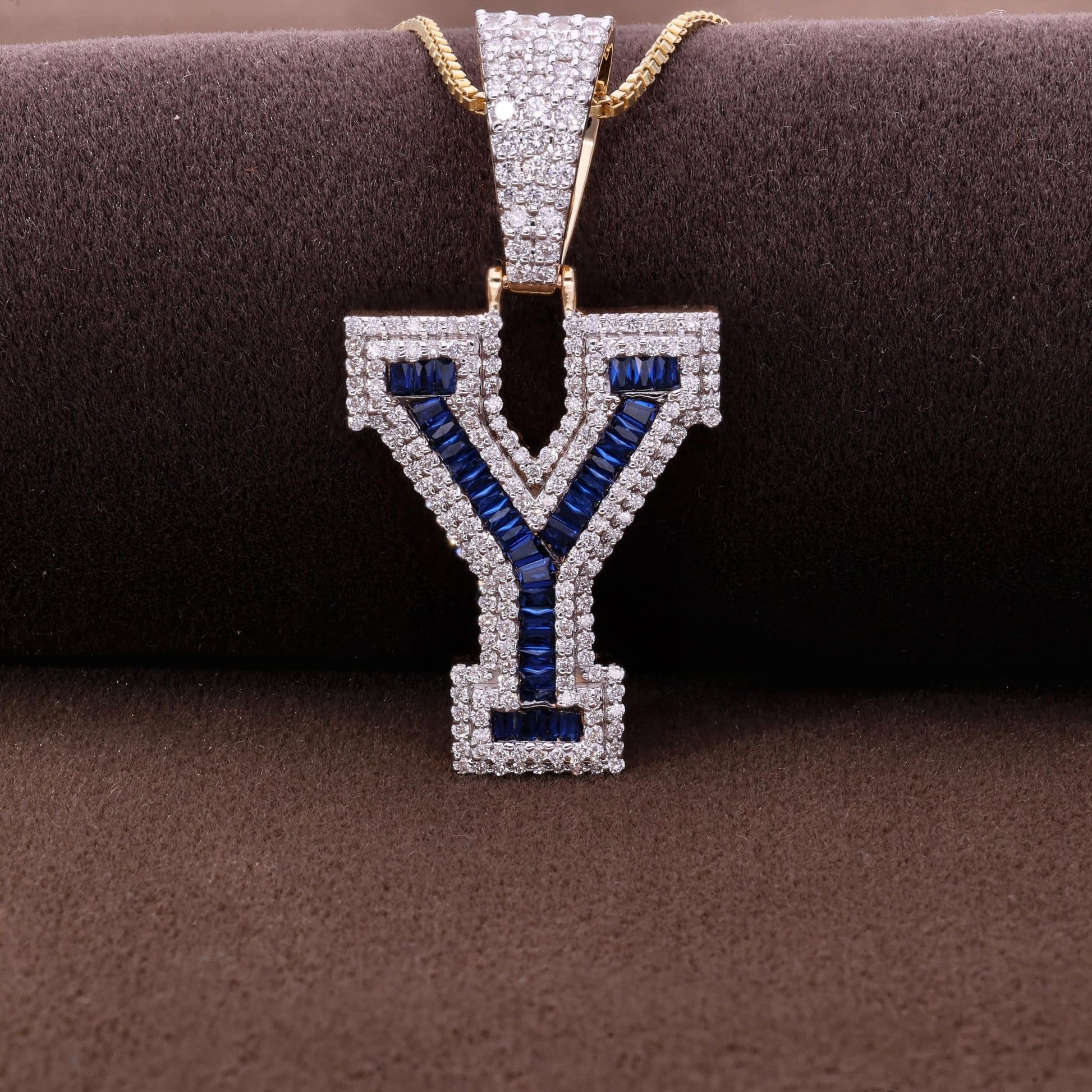 Blue Baguette "Y" Initial Iced-Out Hip-Hop Pendant in Lab Diamond – 14k Solid Gold, Birthday Gift for Him