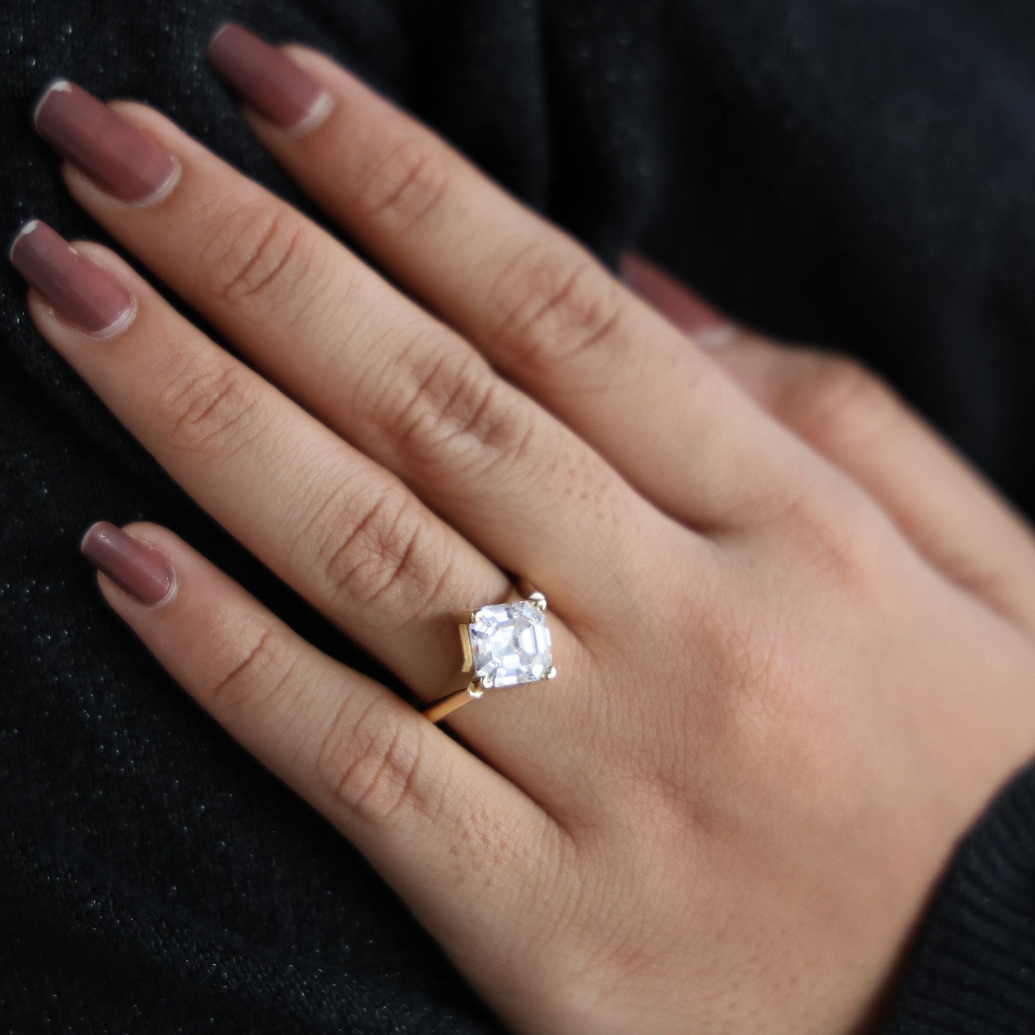 Bold Chunky Solitaire Modern Engagement Ring in 14K Solid Gold, 4.12 CT Asscher Cut Lab Grown Diamond, Statement Bridal Gift - Shoora Designs