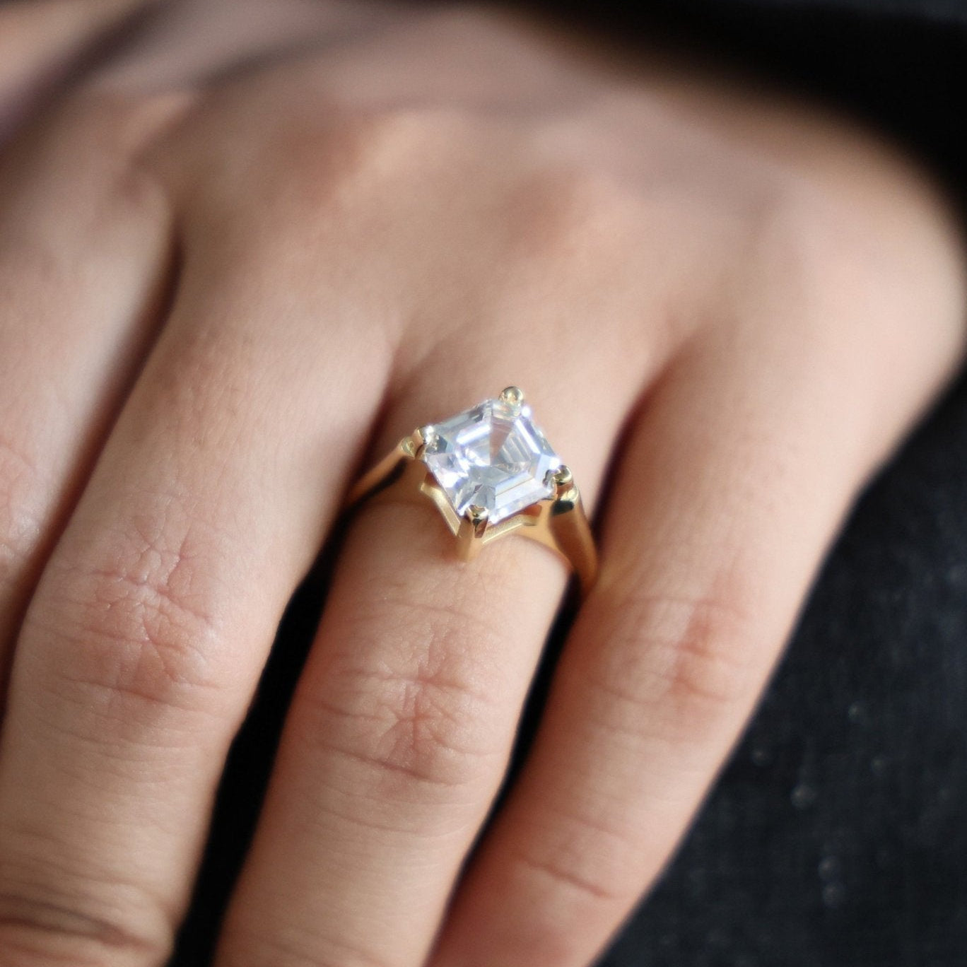 Bold Chunky Solitaire Modern Engagement Ring in 14K Solid Gold, 4.12 CT Asscher Cut Lab Grown Diamond, Statement Bridal Gift - Shoora Designs