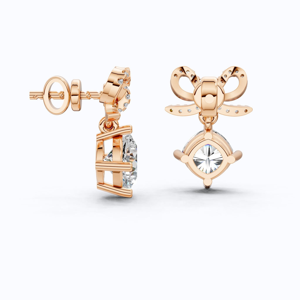 Bow Ribbon Pavé Round Solitaire Drop Weddings in 14k Solid Gold, 2.50 TCW Cushion Cut Lab Created Diamonds, Elegant Earrings, Bridal Gift for Her - Shoora Designs