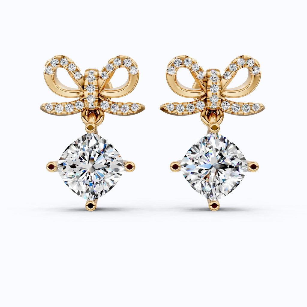 Bow Ribbon Pavé Round Solitaire Drop Weddings in 14k Solid Gold, 2.50 TCW Cushion Cut Lab Created Diamonds, Elegant Earrings, Bridal Gift for Her - Shoora Designs