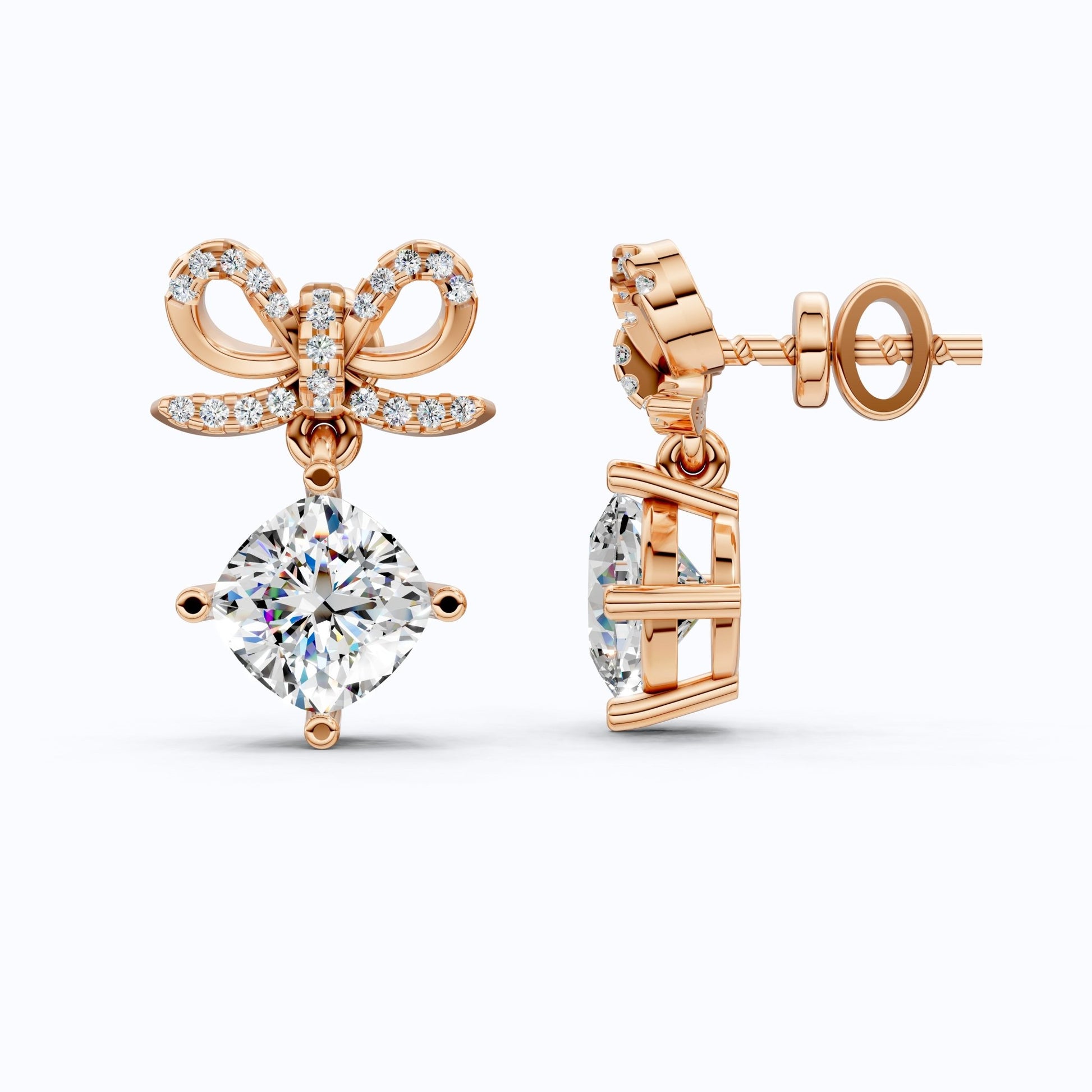 Bow Ribbon Pavé Round Solitaire Drop Weddings in 14k Solid Gold, 2.50 TCW Cushion Cut Lab Created Diamonds, Elegant Earrings, Bridal Gift for Her - Shoora Designs