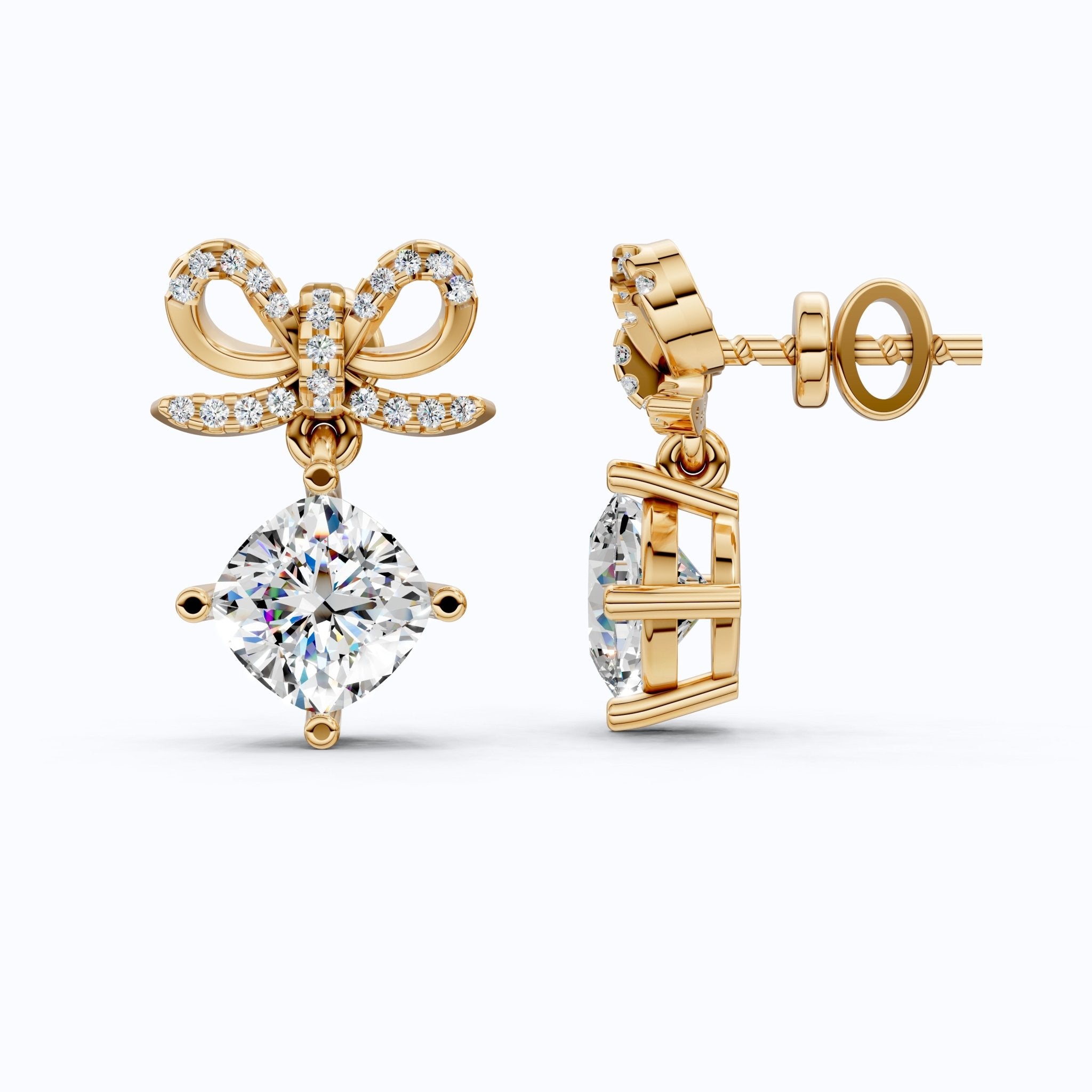 Bow Ribbon Pavé Round Solitaire Drop Weddings in 14k Solid Gold, 2.50 TCW Cushion Cut Lab Created Diamonds, Elegant Earrings, Bridal Gift for Her - Shoora Designs