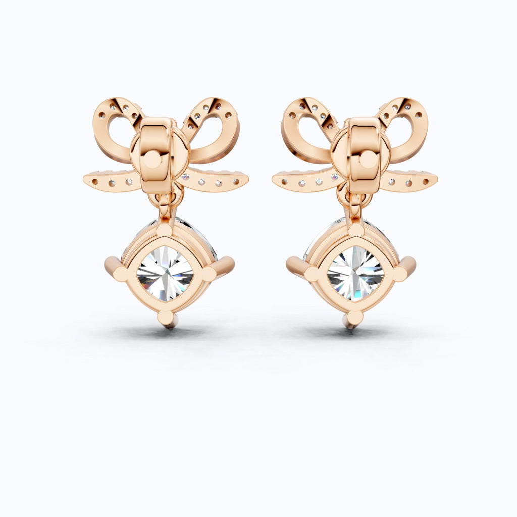 Bow Ribbon Pavé Round Solitaire Drop Weddings in 14k Solid Gold, 2.50 TCW Cushion Cut Lab Created Diamonds, Elegant Earrings, Bridal Gift for Her - Shoora Designs
