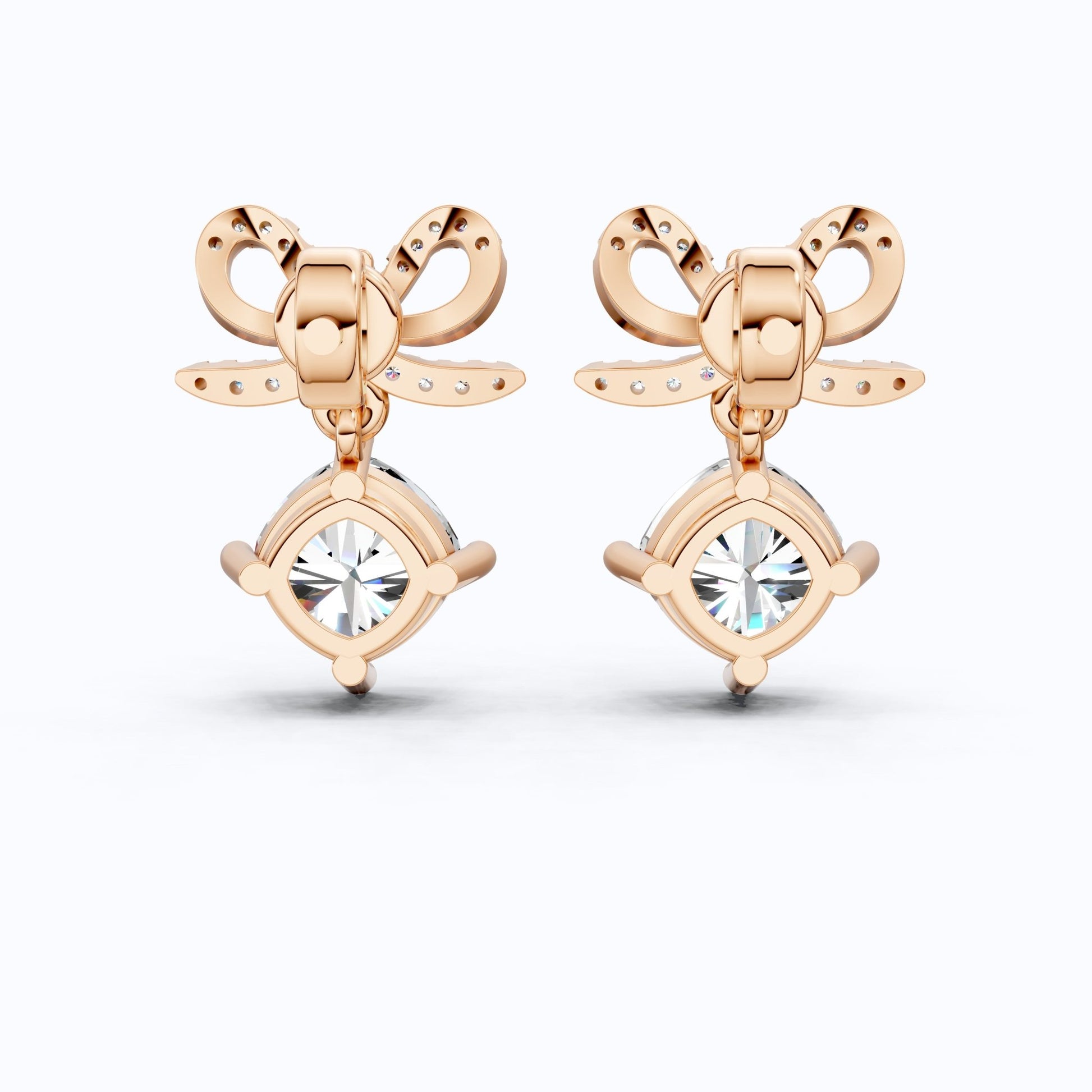 Bow Ribbon Pavé Round Solitaire Drop Weddings in 14k Solid Gold, 2.50 TCW Cushion Cut Lab Created Diamonds, Elegant Earrings, Bridal Gift for Her - Shoora Designs