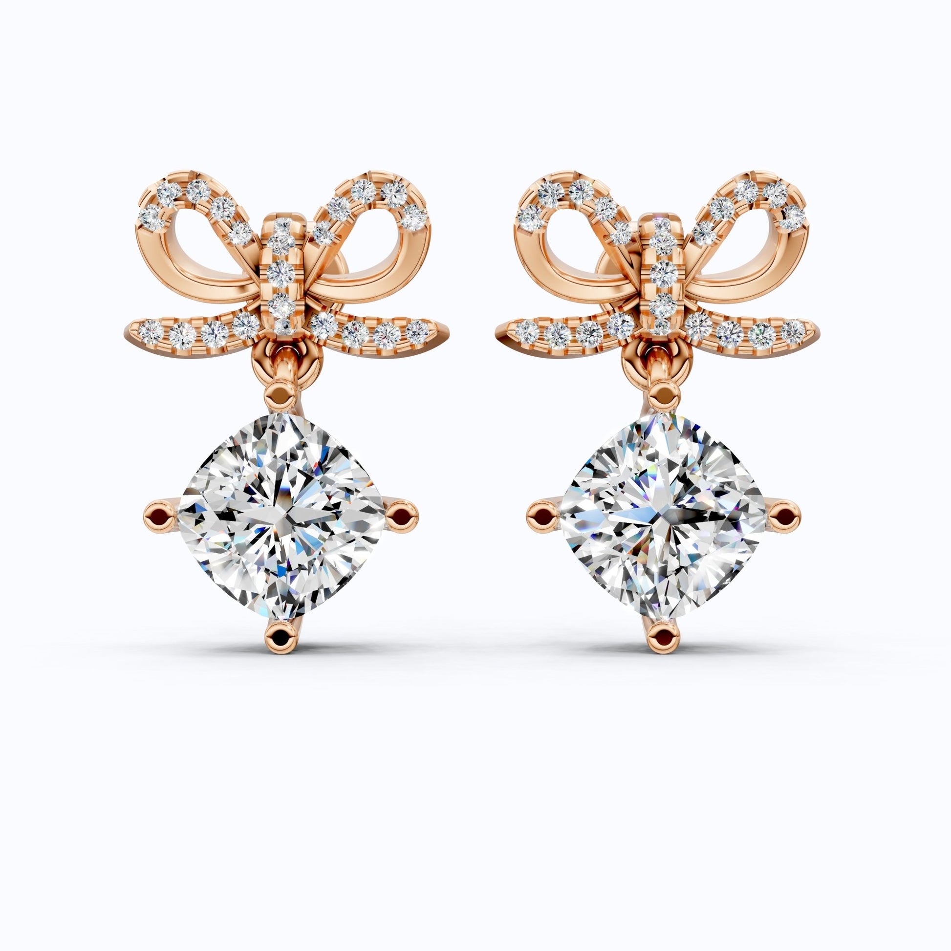 Bow Ribbon Pavé Round Solitaire Drop Weddings in 14k Solid Gold, 2.50 TCW Cushion Cut Lab Created Diamonds, Elegant Earrings, Bridal Gift for Her - Shoora Designs