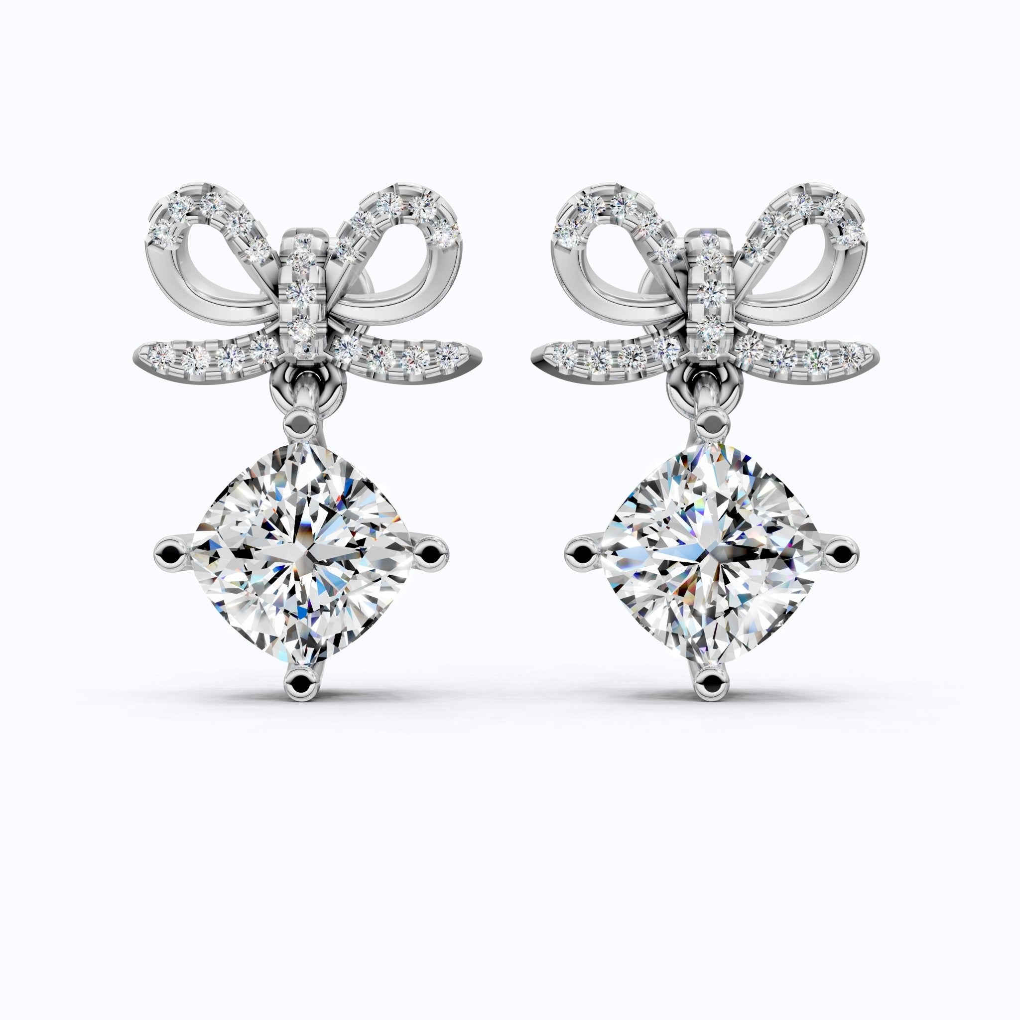 Bow Ribbon Pavé Round Solitaire Drop Weddings in 14k Solid Gold, 2.50 TCW Cushion Cut Lab Created Diamonds, Elegant Earrings, Bridal Gift for Her - Shoora Designs