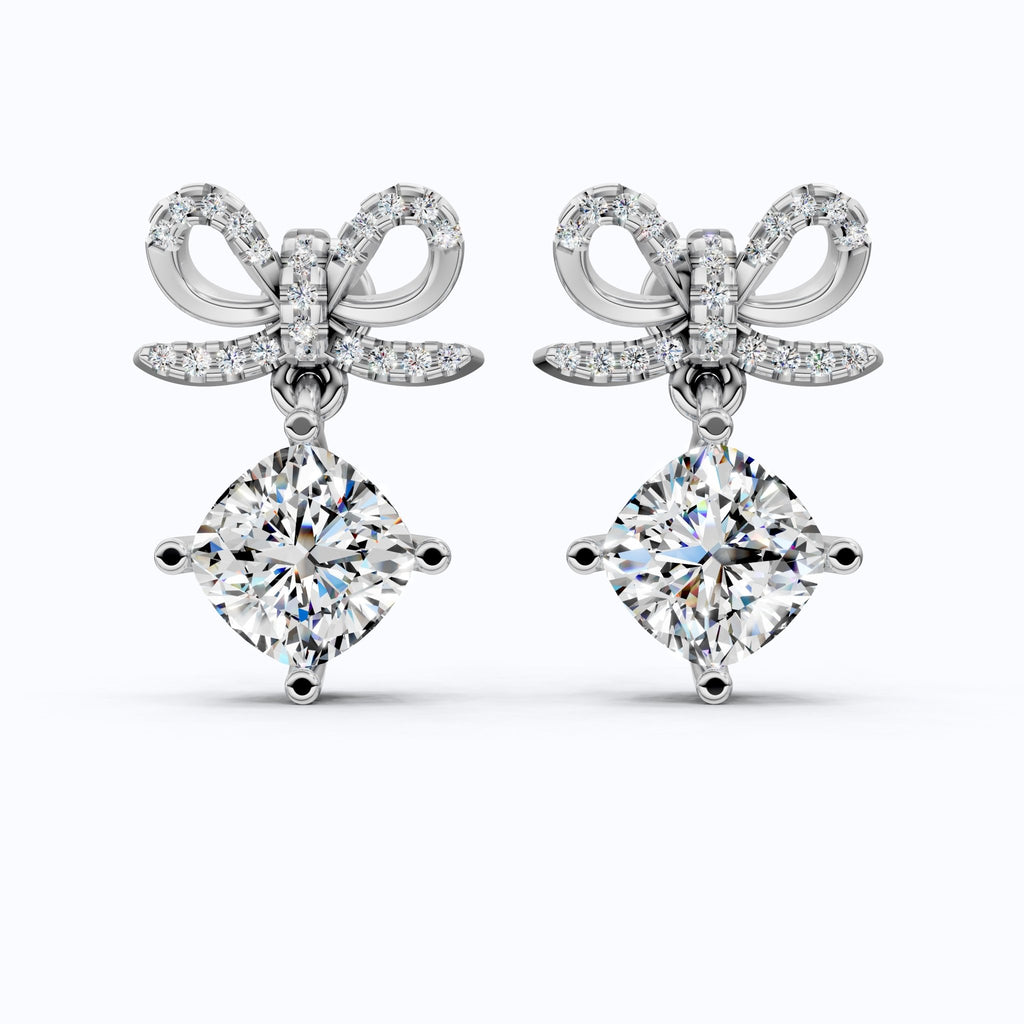 Bow Ribbon Pavé Round Solitaire Drop Weddings in 14k Solid Gold, 2.50 TCW Cushion Cut Lab Created Diamonds, Elegant Earrings, Bridal Gift for Her - Shoora Designs