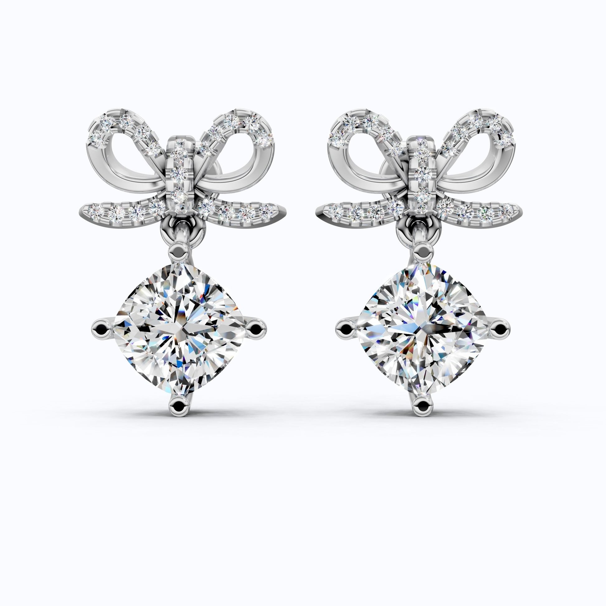 Bow Ribbon Pavé Round Solitaire Drop Weddings in 14k Solid Gold, 2.50 TCW Cushion Cut Lab Created Diamonds, Elegant Earrings, Bridal Gift for Her - Shoora Designs