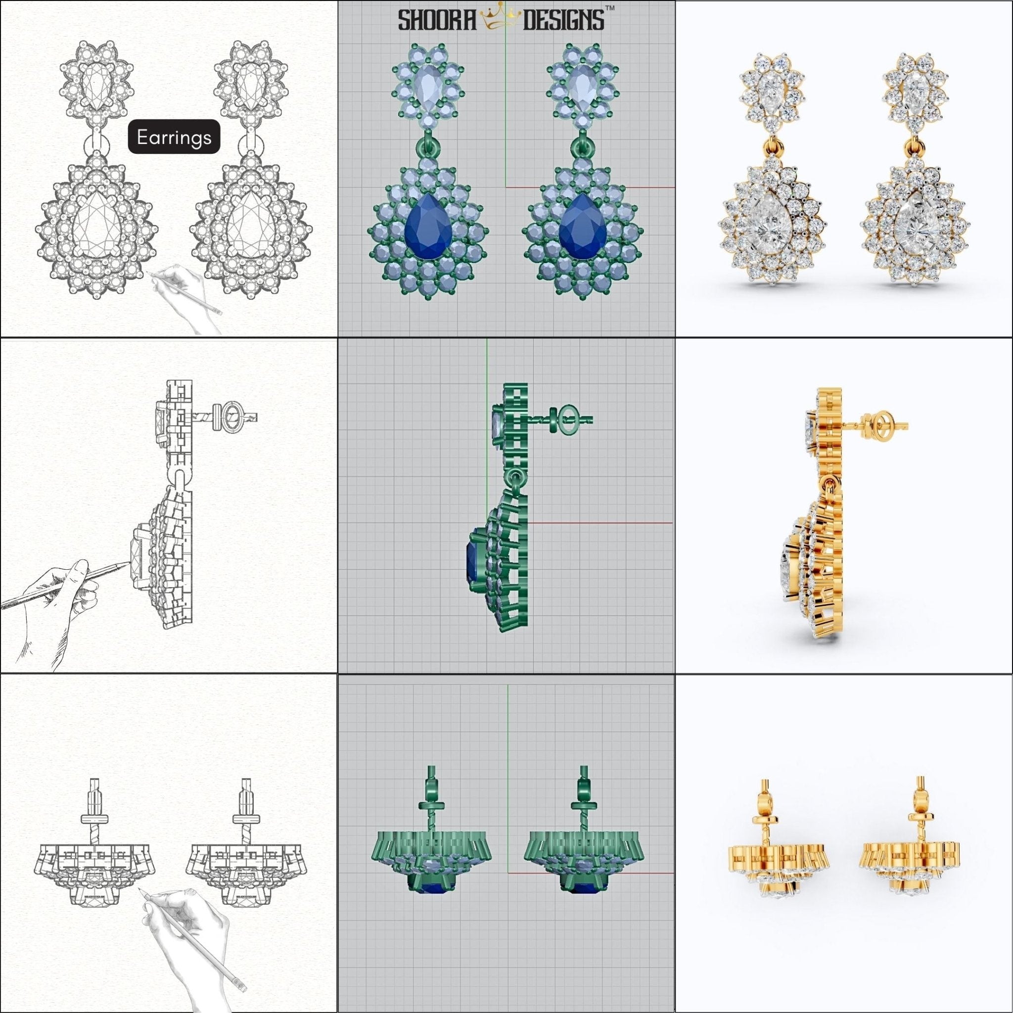 CAD Mock - Up: 3D custom Jewelry Design service Model of your own jewelry in Earrings. - Shoora Designs