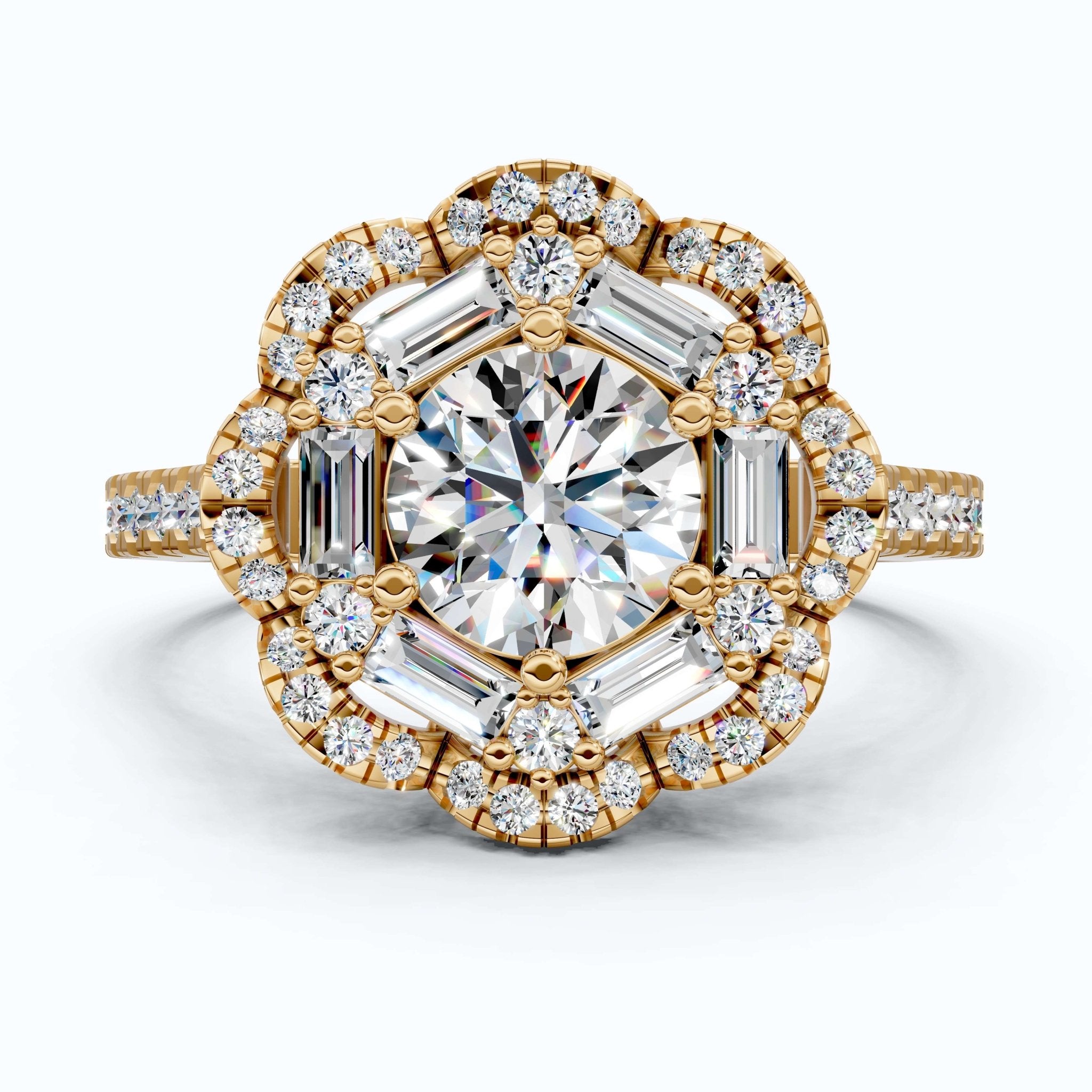 Classic Double Halo Floral Engagement Ring 14K Solid Gold, 0.84 CT Round Cut Lab Created Diamonds, Romantic Gift For Love - Shoora Designs