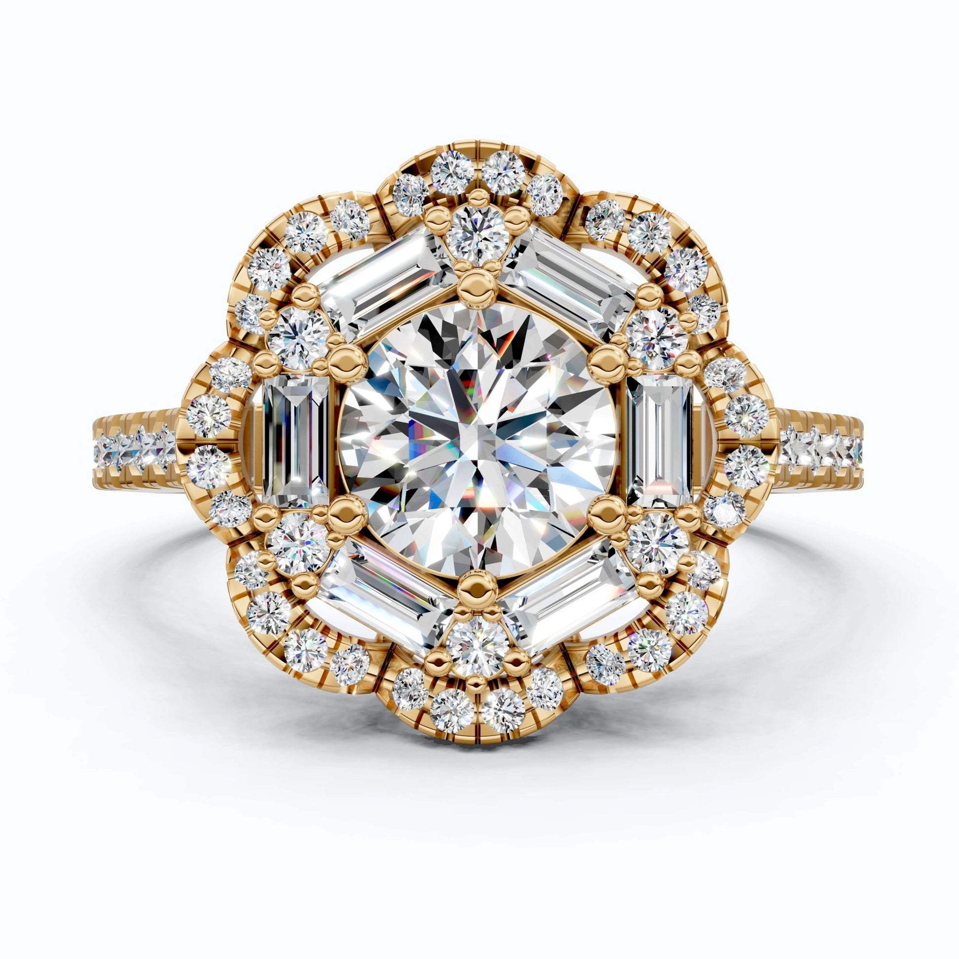 Classic Double Halo Floral Engagement Ring 14K Solid Gold, 0.84 CT Round Cut Lab Created Diamonds, Romantic Gift For Love - Shoora Designs