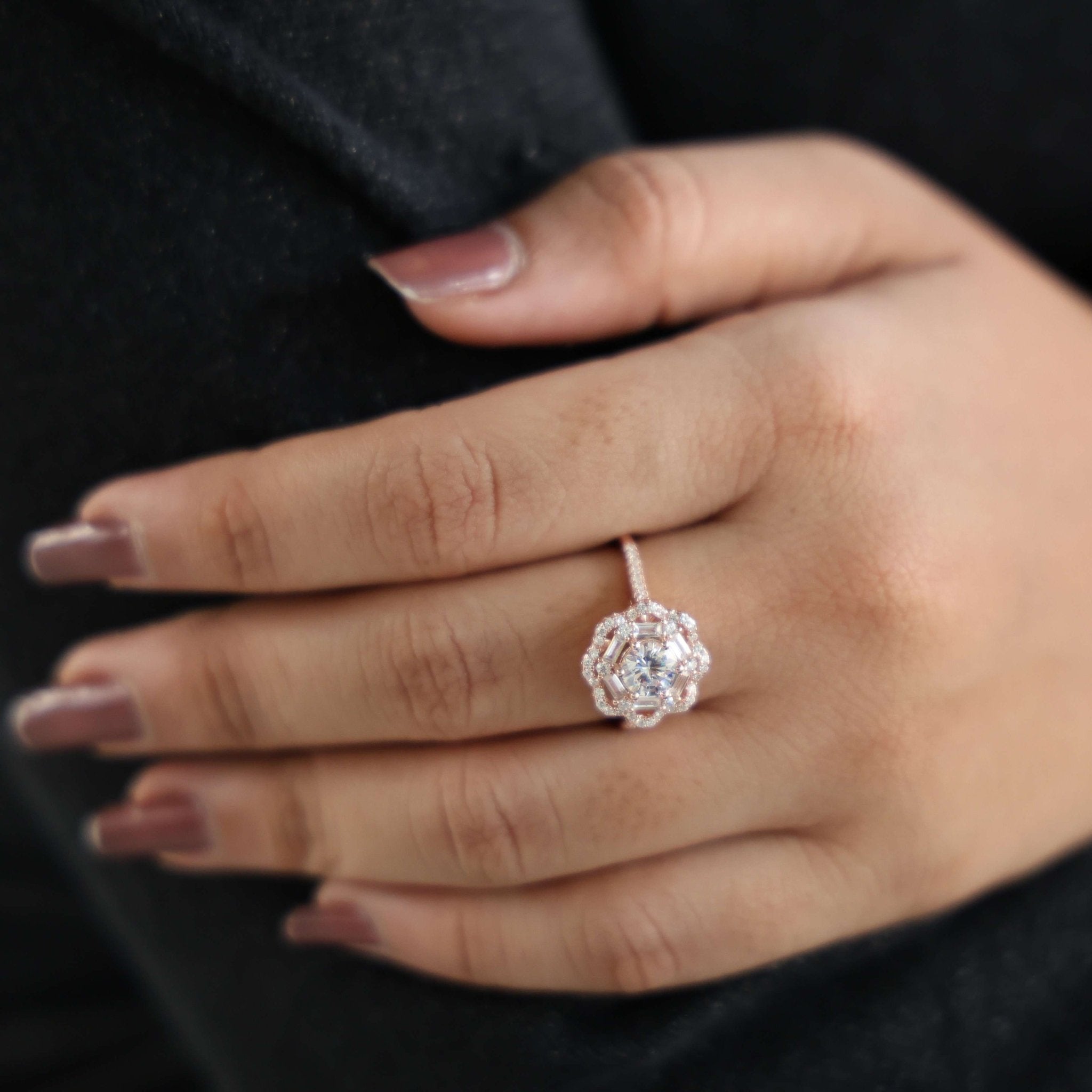 Classic Double Halo Floral Engagement Ring 14K Solid Gold, 0.84 CT Round Cut Lab Created Diamonds, Romantic Gift For Love - Shoora Designs