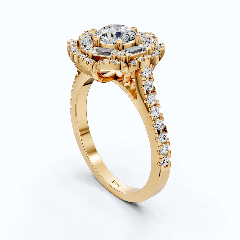 Classic Double Halo Floral Engagement Ring 14K Solid Gold, 0.84 CT Round Cut Lab Created Diamonds, Romantic Gift For Love - Shoora Designs