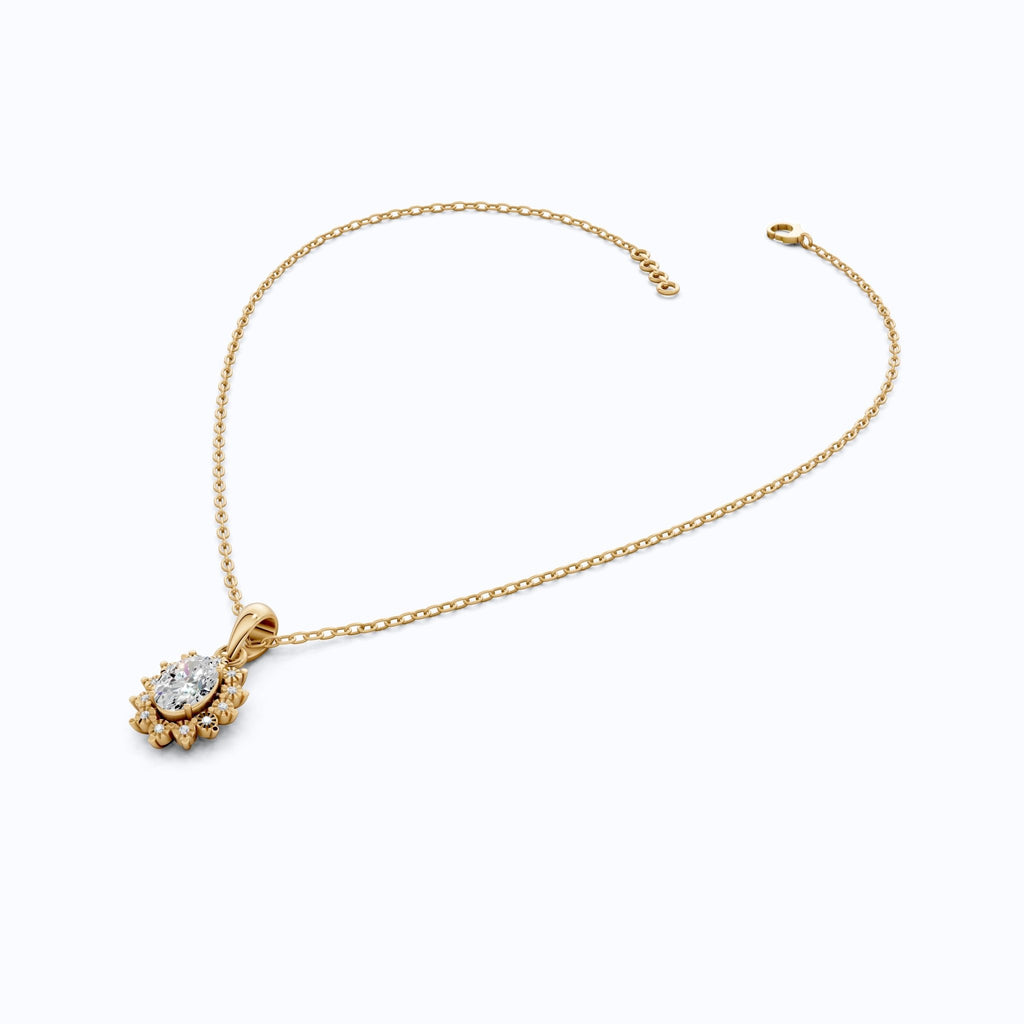 Classic Floral Halo Anniversary Pendant in 14k Gold, 0.75 CT Oval Cut Lab Grown Diamond, Bridal Jewelry, Everyday Pendant - Shoora Designs