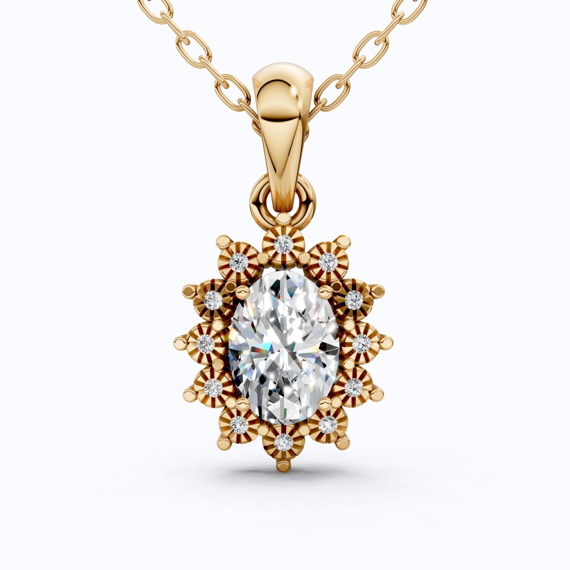 Classic Floral Halo Anniversary Pendant in 14k Gold, 0.75 CT Oval Cut Lab Grown Diamond, Bridal Jewelry, Everyday Pendant - Shoora Designs