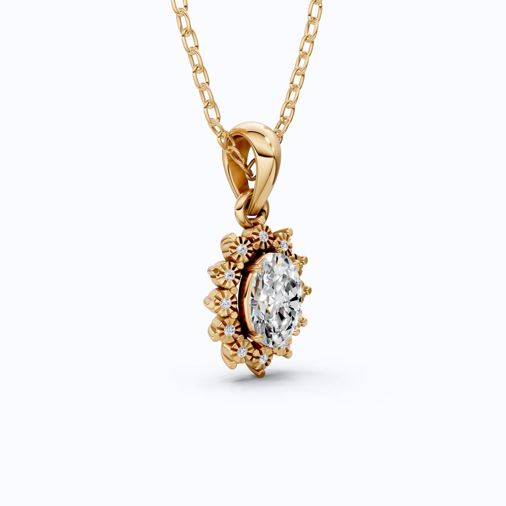 Classic Floral Halo Anniversary Pendant in 14k Gold, 0.75 CT Oval Cut Lab Grown Diamond, Bridal Jewelry, Everyday Pendant - Shoora Designs