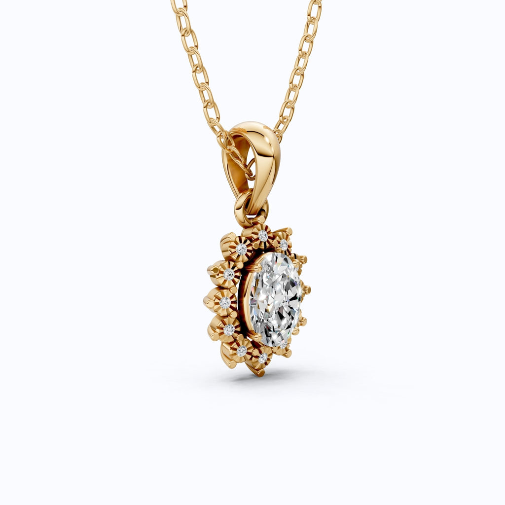 Classic Floral Halo Anniversary Pendant in 14k Gold, 0.75 CT Oval Cut Lab Grown Diamond, Bridal Jewelry, Everyday Pendant - Shoora Designs