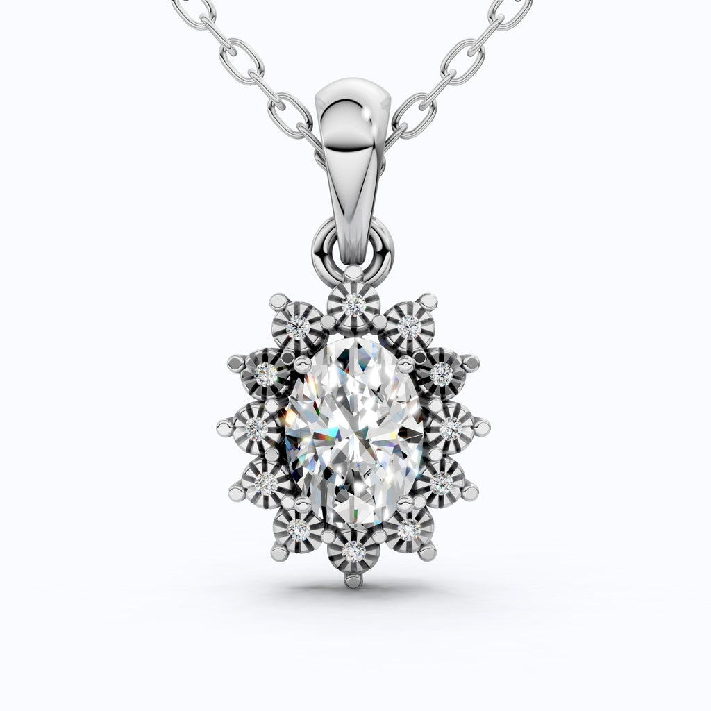 Classic Floral Halo Anniversary Pendant in 14k Gold, 0.75 CT Oval Cut Lab Grown Diamond, Bridal Jewelry, Everyday Pendant - Shoora Designs
